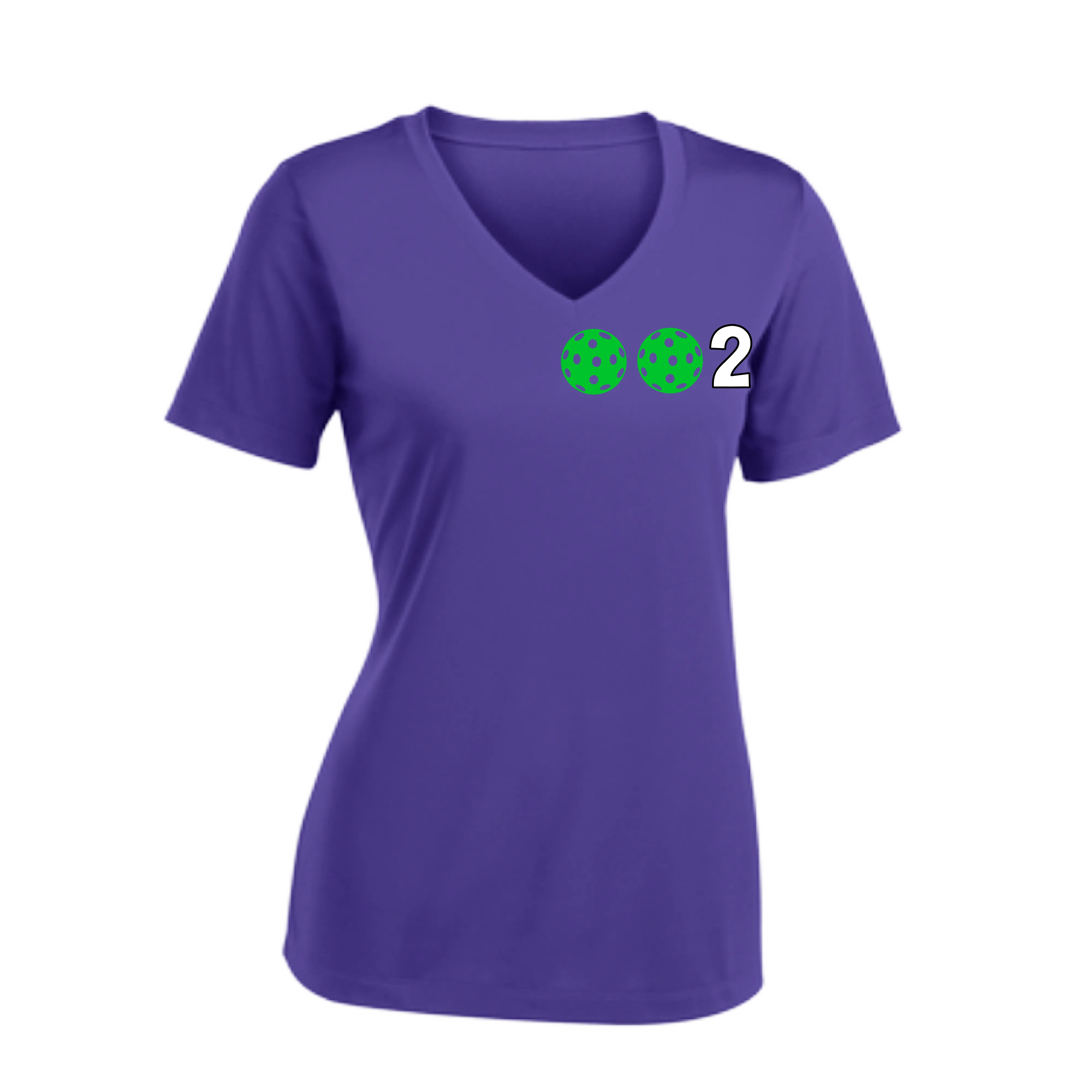 002 With Pickleballs (Colors Purple Green Orange) Customizable | Women's Short Sleeve V-Neck Pickleball Shirts | 100% Polyester