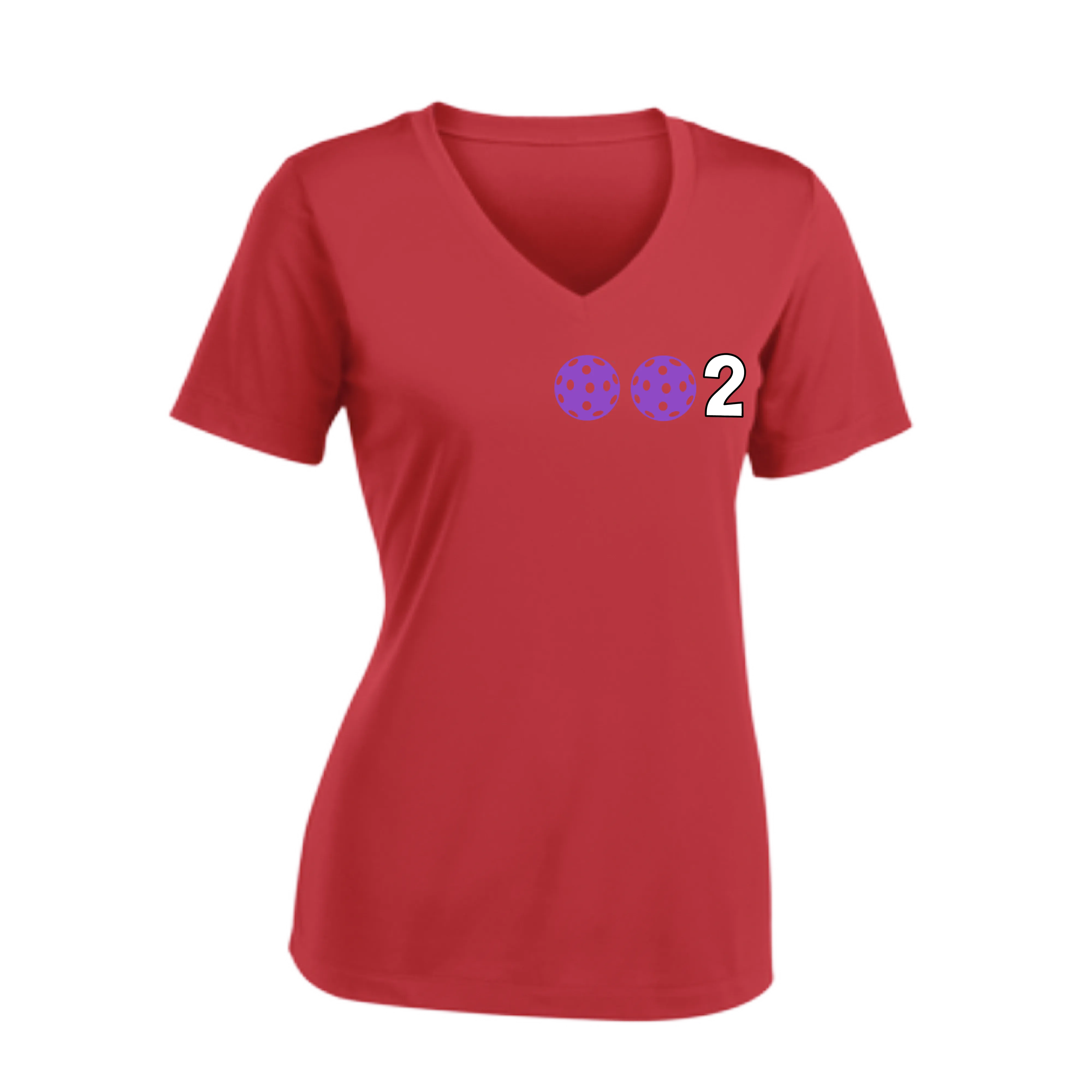 002 With Pickleballs (Colors Purple Green Orange) Customizable | Women's Short Sleeve V-Neck Pickleball Shirts | 100% Polyester