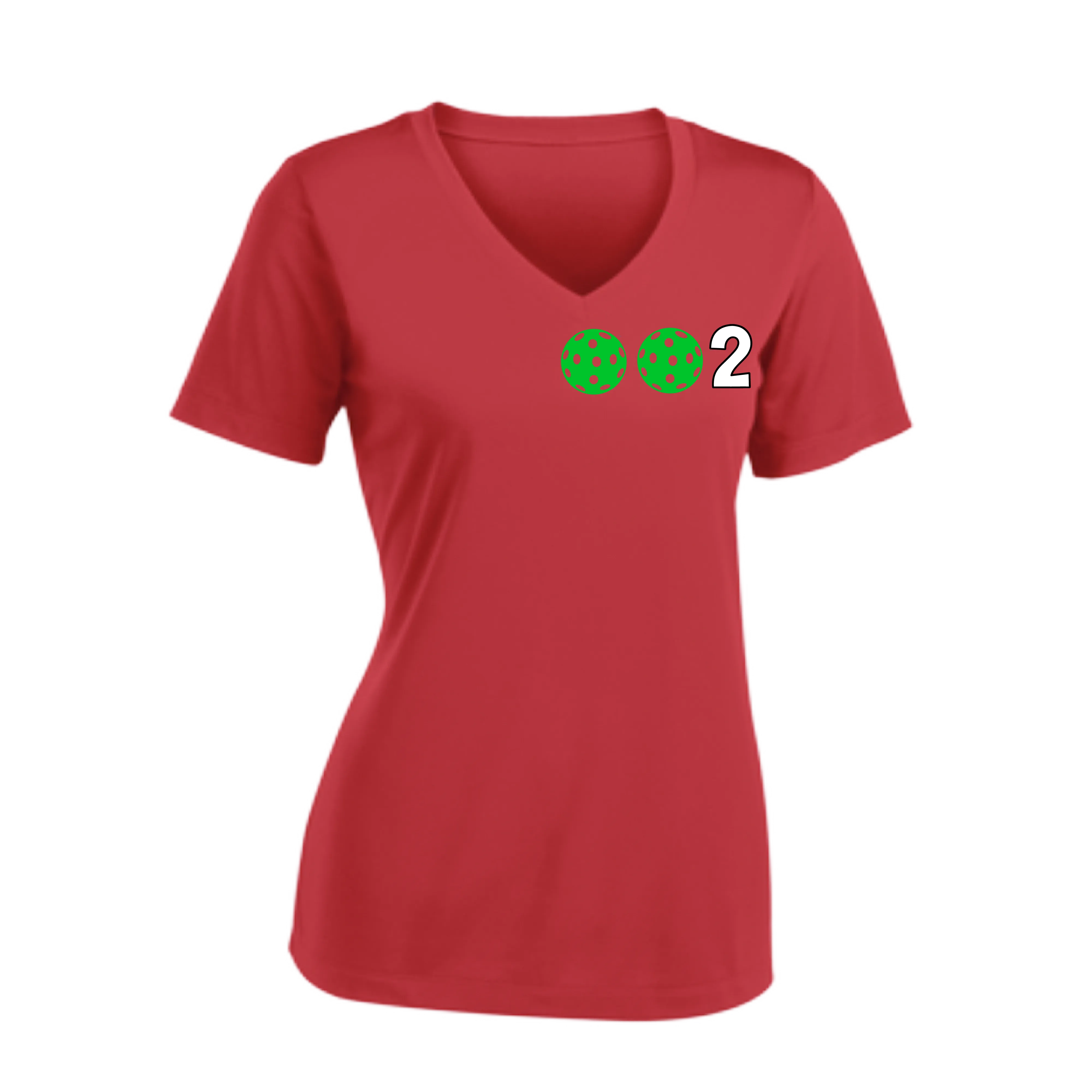 002 With Pickleballs (Colors Purple Green Orange) Customizable | Women's Short Sleeve V-Neck Pickleball Shirts | 100% Polyester