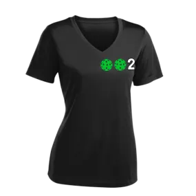 002 With Pickleballs (Colors Purple Green Orange) Customizable | Women's Short Sleeve V-Neck Pickleball Shirts | 100% Polyester