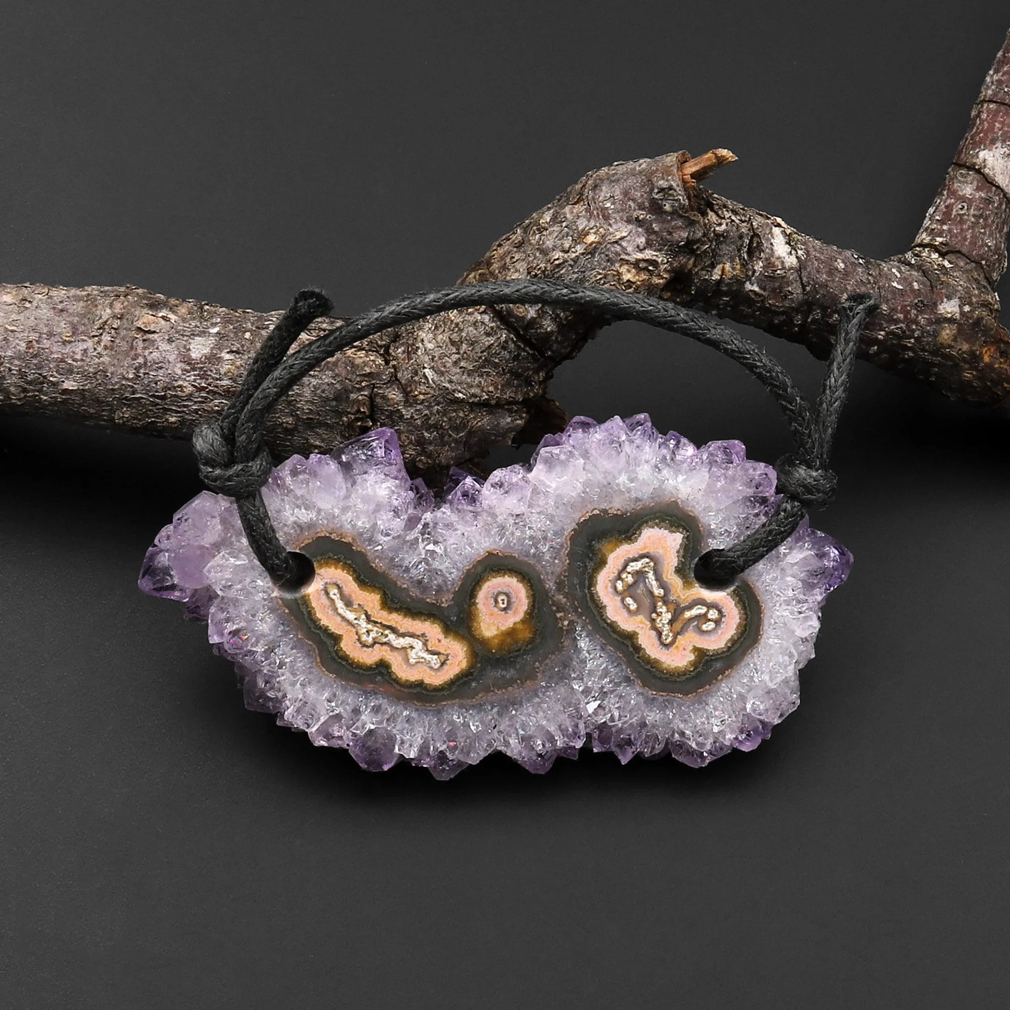 2 Hole Pendant Natural Amethyst Stalactite Flower Pendant Flat Slice Freeform One of a Kind P0116