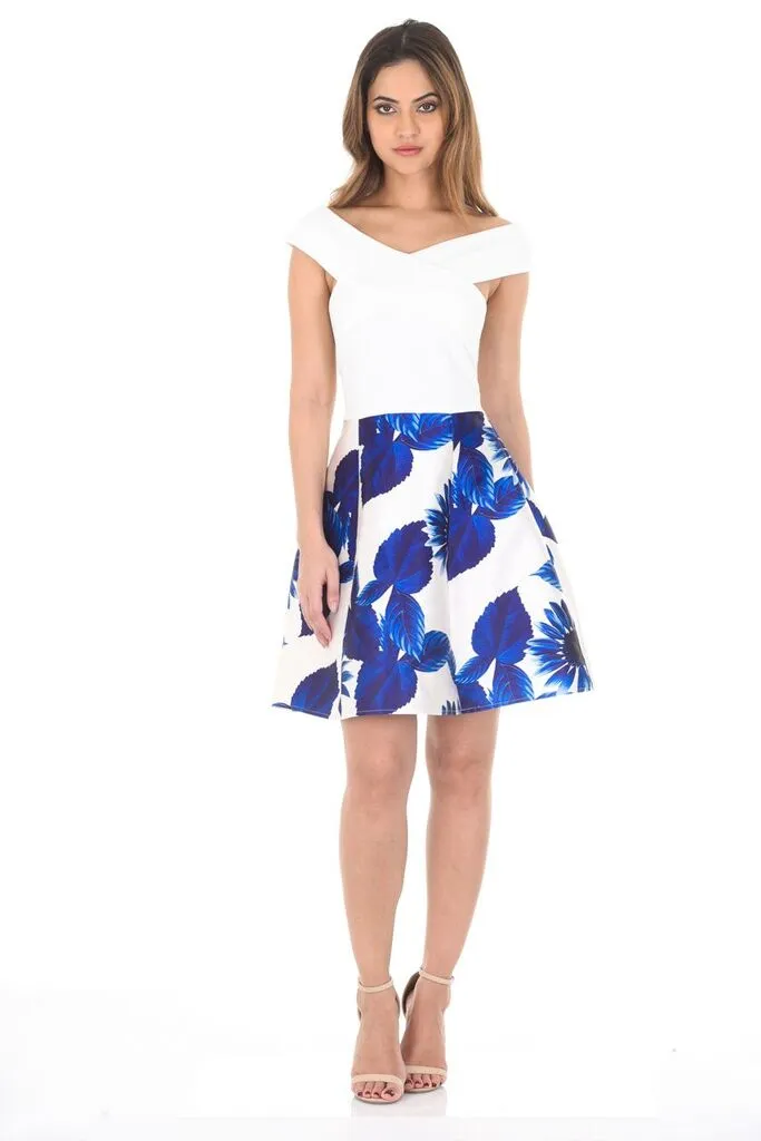 2 In 1 Cream And Blue Printed Skirt Mini Dress