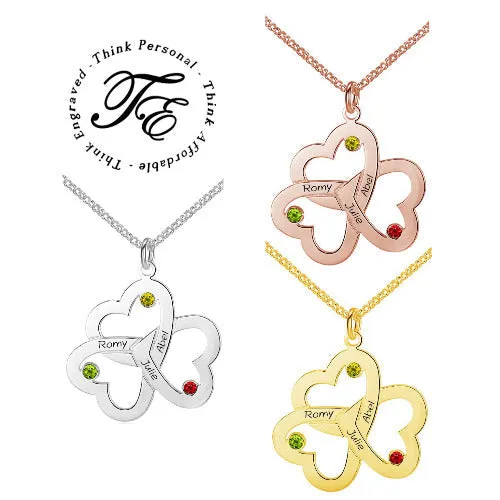 3 Birthstone Mothers Family Necklace Linked Hearts 3 Names