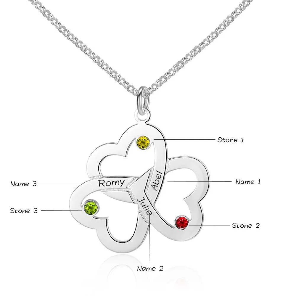 3 Birthstone Mothers Family Necklace Linked Hearts 3 Names