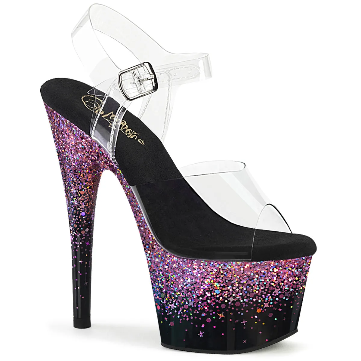 7 Inch Heel ADORE-708SS Clear Black Purple Glitter