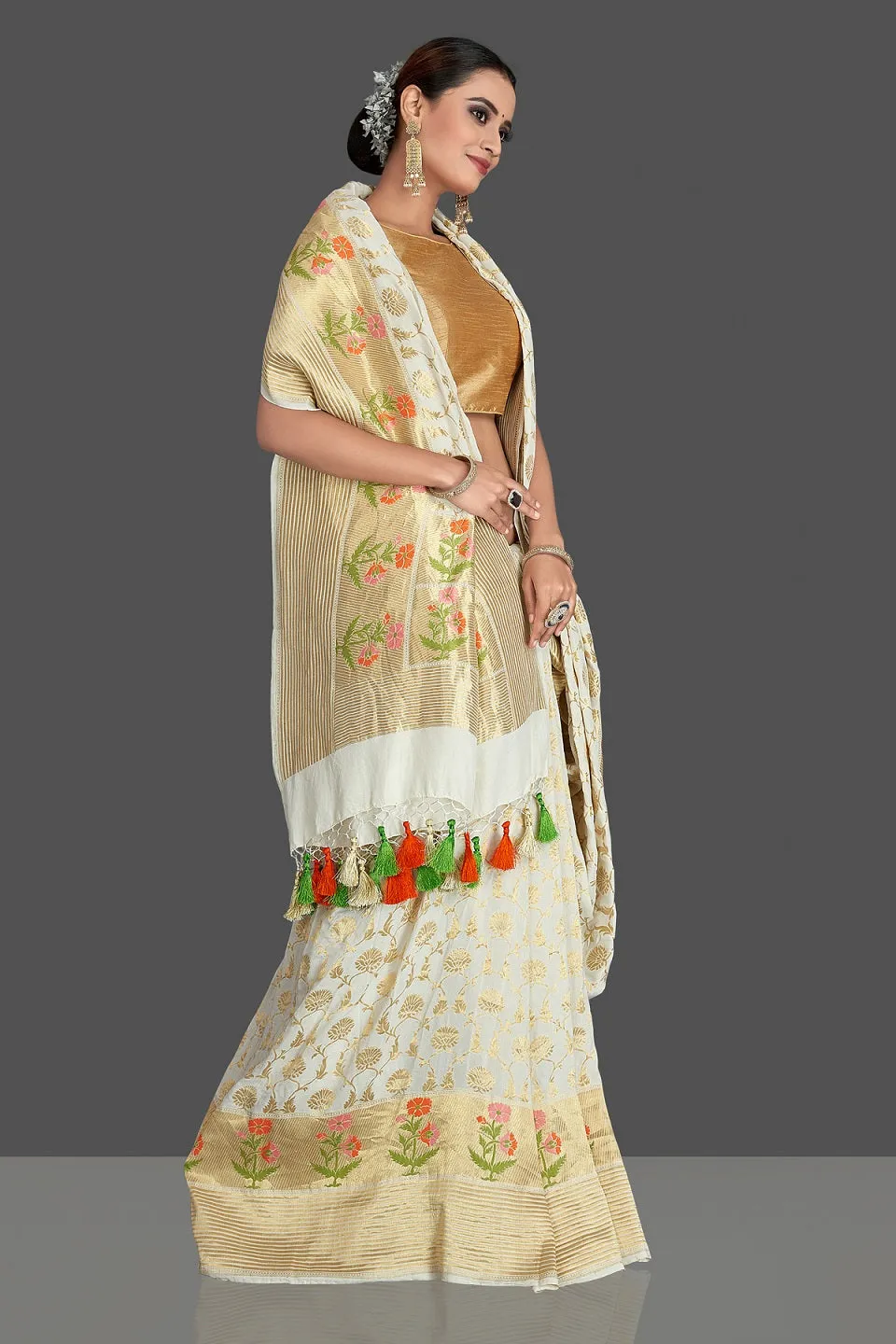 90K391-RO Off White Tassar Georgette Banarasi Sari with Zari Minakari Buta