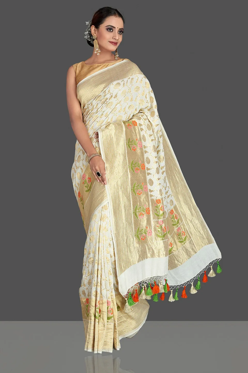 90K391-RO Off White Tassar Georgette Banarasi Sari with Zari Minakari Buta