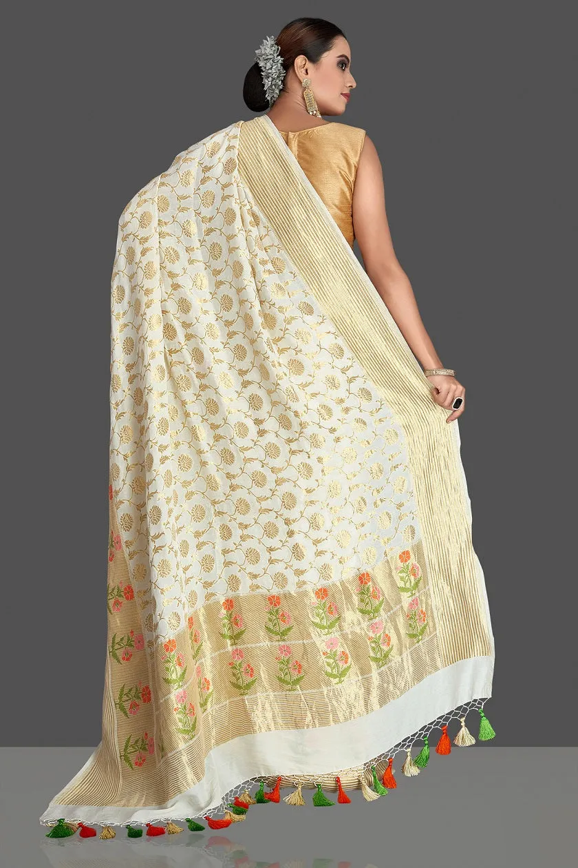 90K391-RO Off White Tassar Georgette Banarasi Sari with Zari Minakari Buta