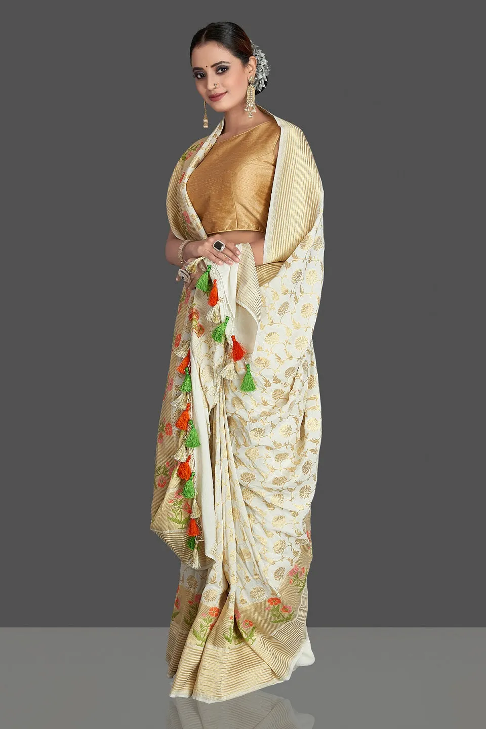 90K391-RO Off White Tassar Georgette Banarasi Sari with Zari Minakari Buta