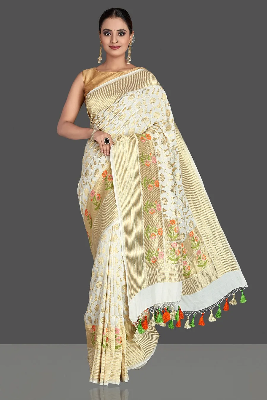 90K391-RO Off White Tassar Georgette Banarasi Sari with Zari Minakari Buta