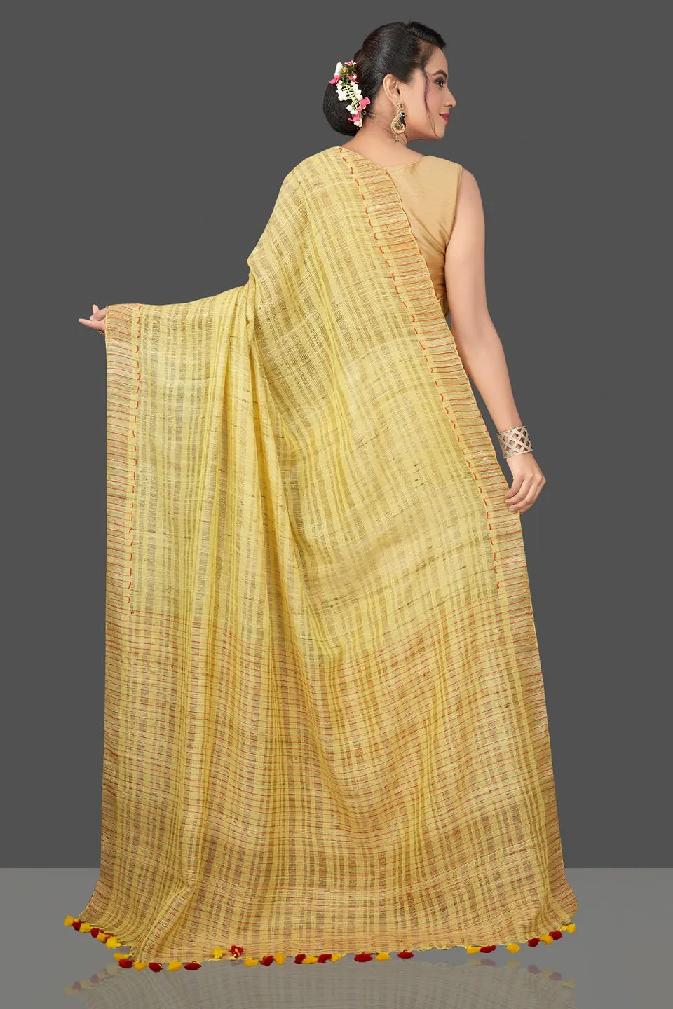 90K465-NRO Lime Green Striped Ketia Saree