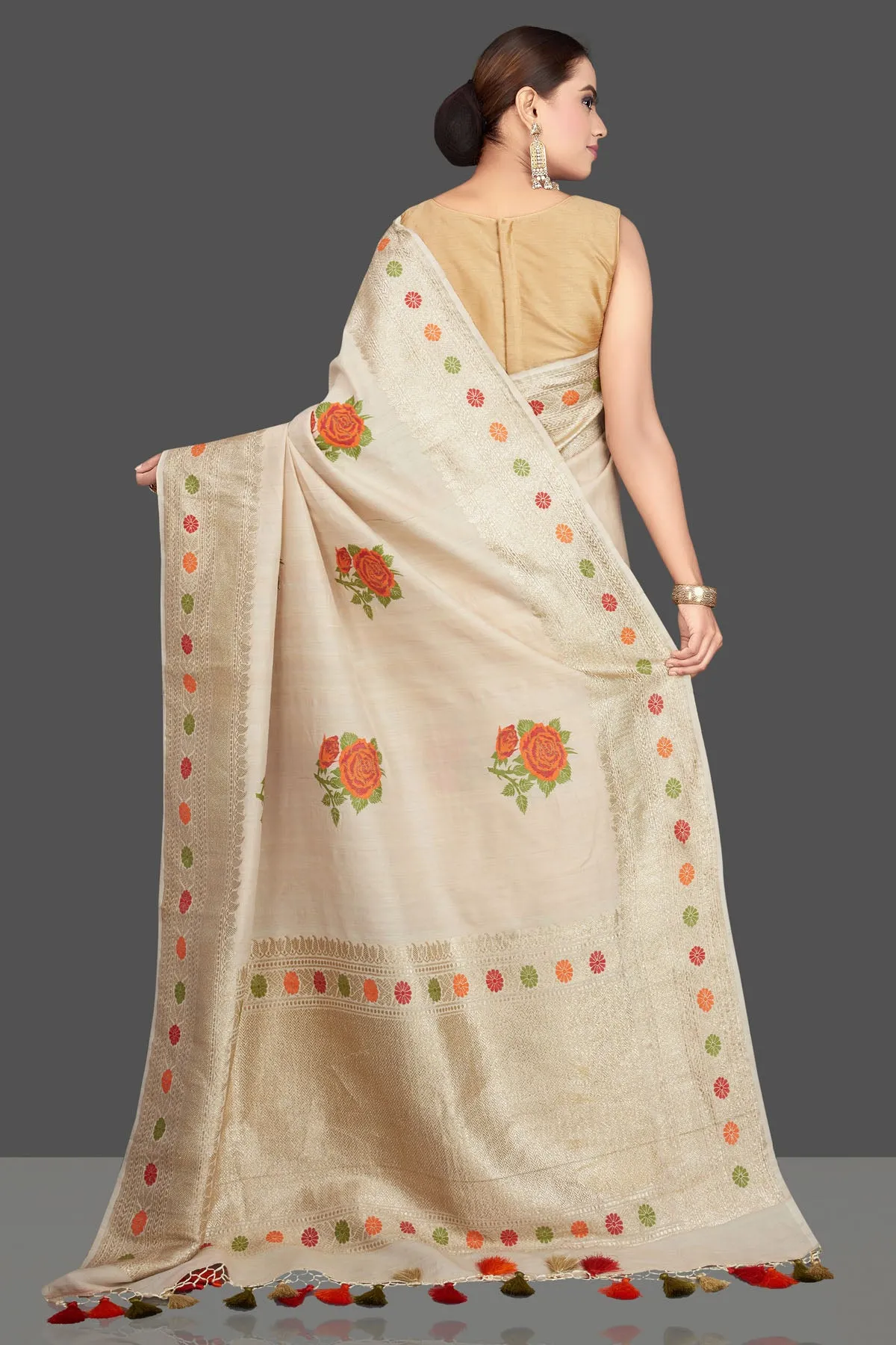 90K559 Off White Tussar Georgette Sari with Zari Border