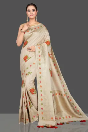 90K559 Off White Tussar Georgette Sari with Zari Border