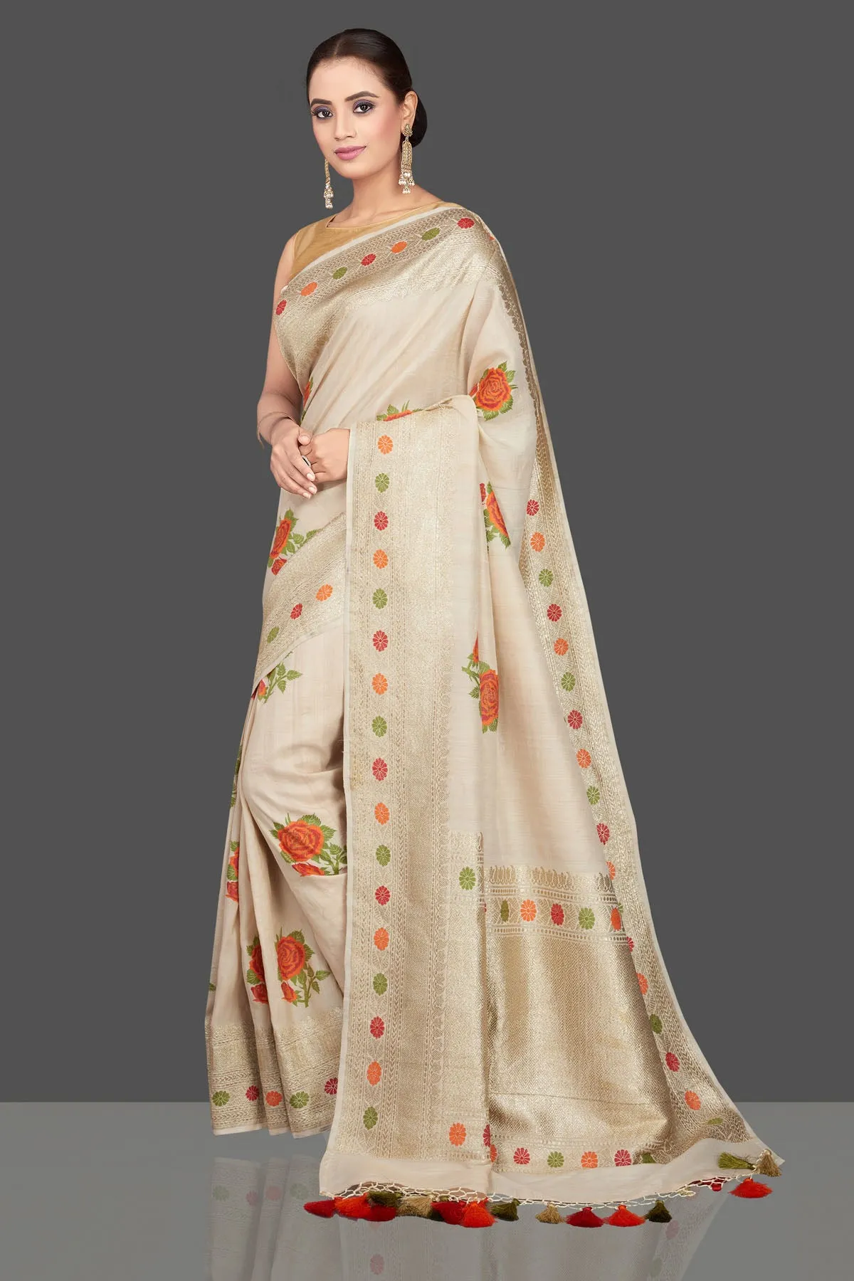 90K559 Off White Tussar Georgette Sari with Zari Border