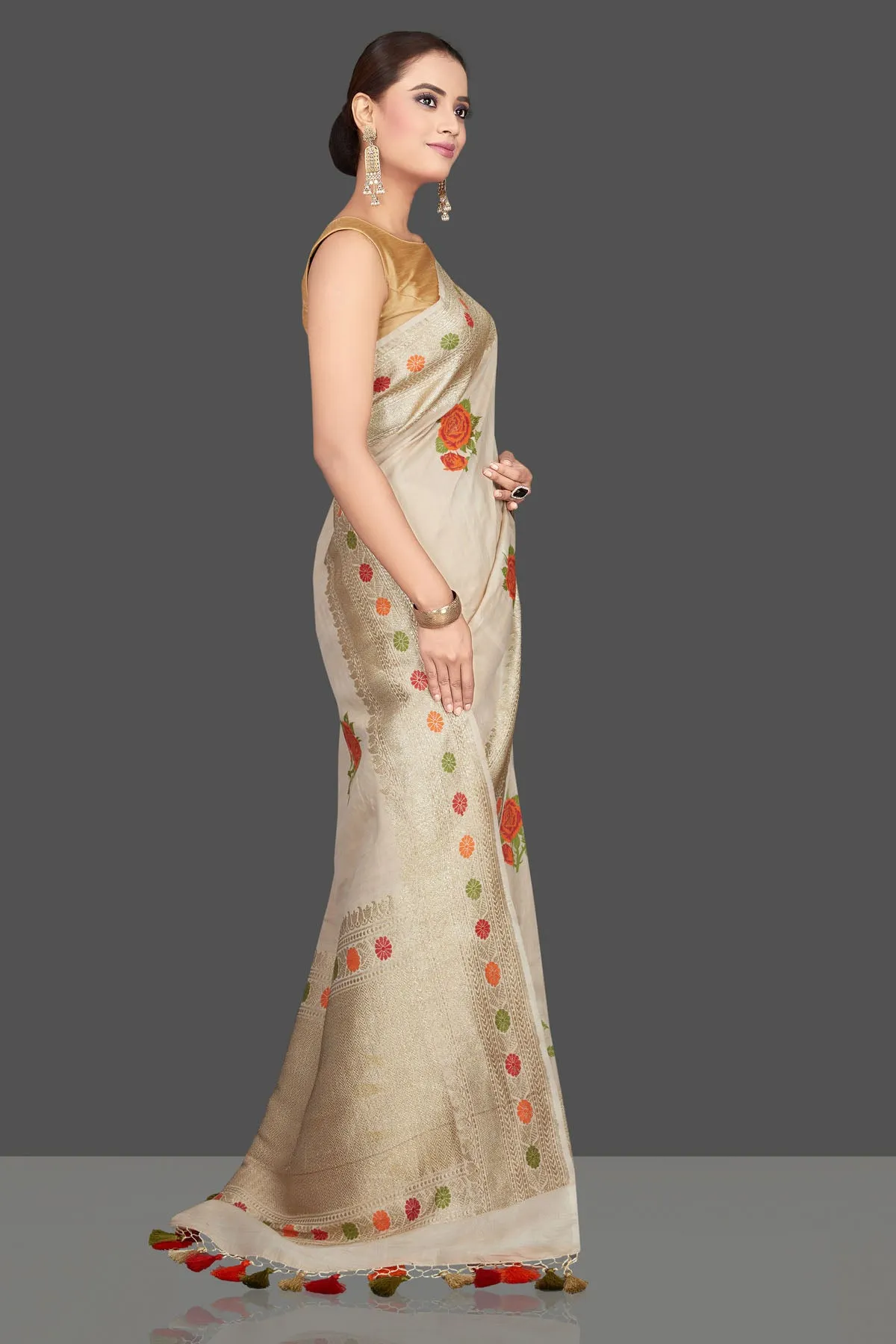 90K559 Off White Tussar Georgette Sari with Zari Border