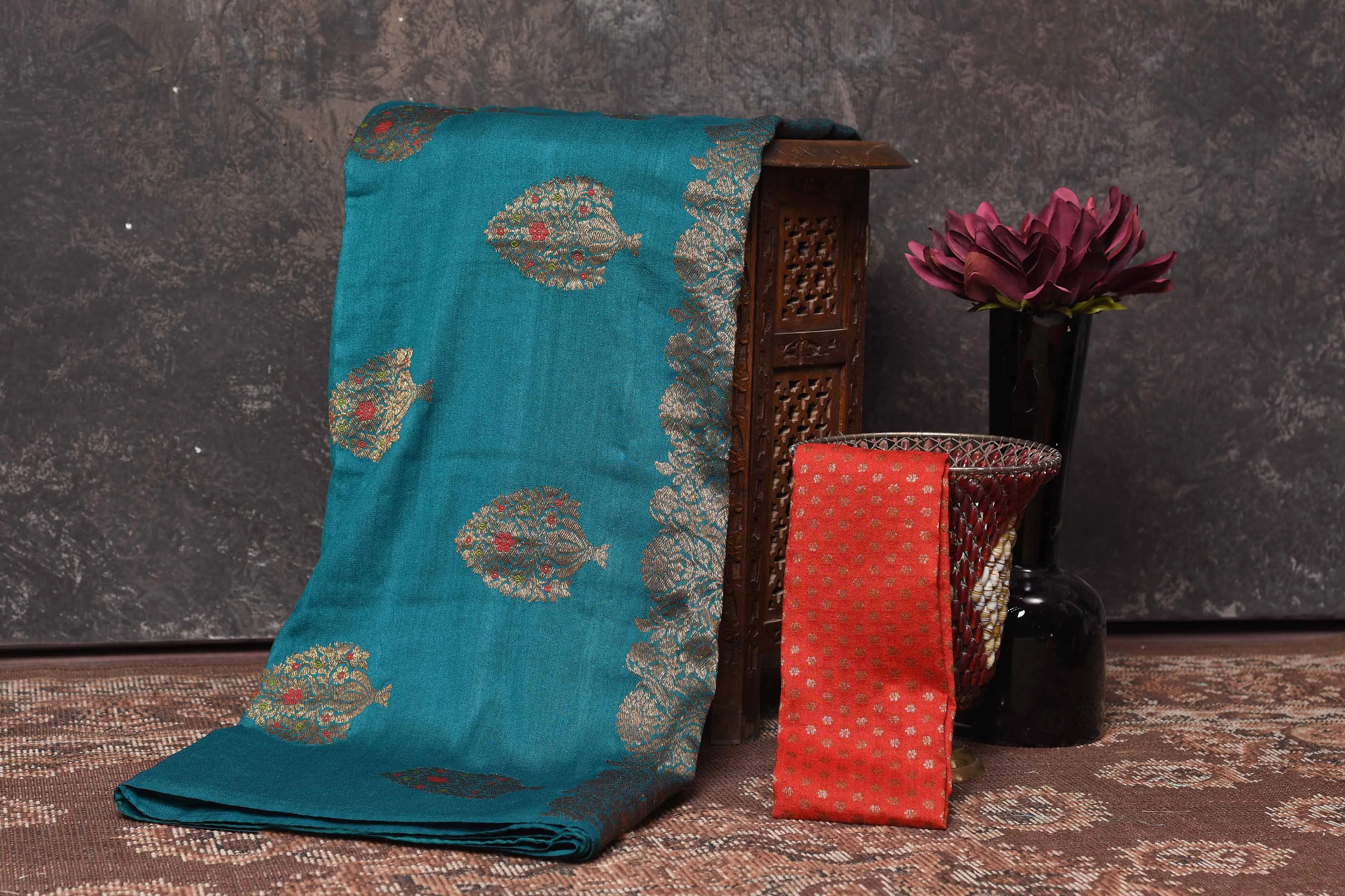 90N393-RO Teal Muga Banarasi Saree with Antique Zari Tree Buta