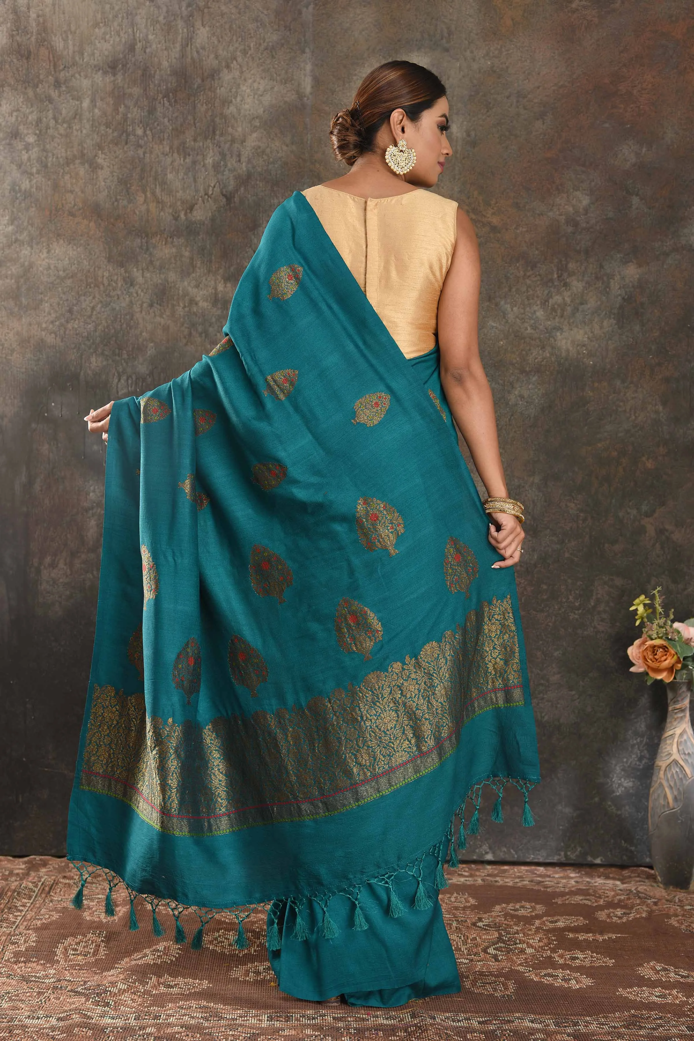 90N393-RO Teal Muga Banarasi Saree with Antique Zari Tree Buta