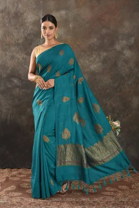 90N393-RO Teal Muga Banarasi Saree with Antique Zari Tree Buta