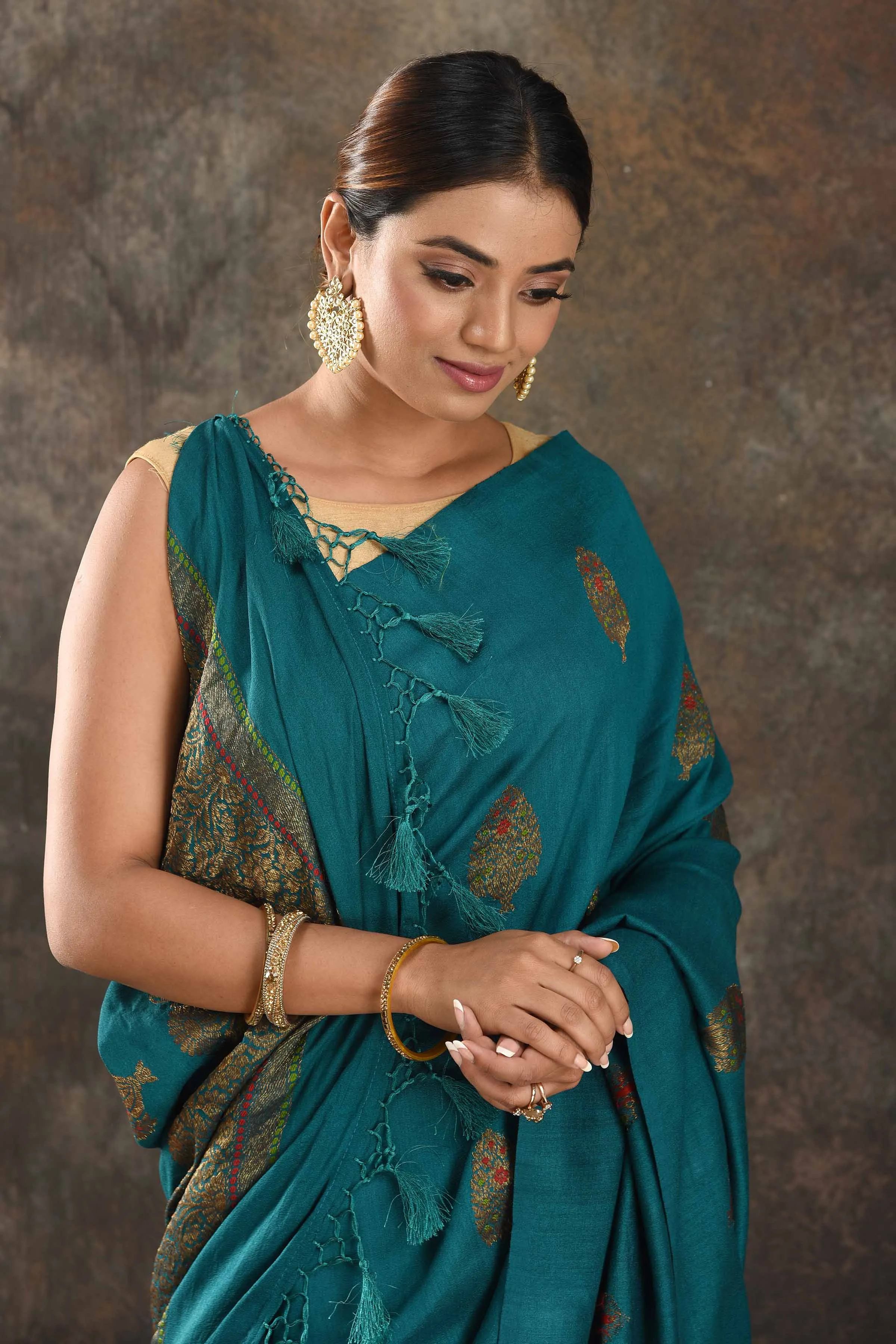 90N393-RO Teal Muga Banarasi Saree with Antique Zari Tree Buta