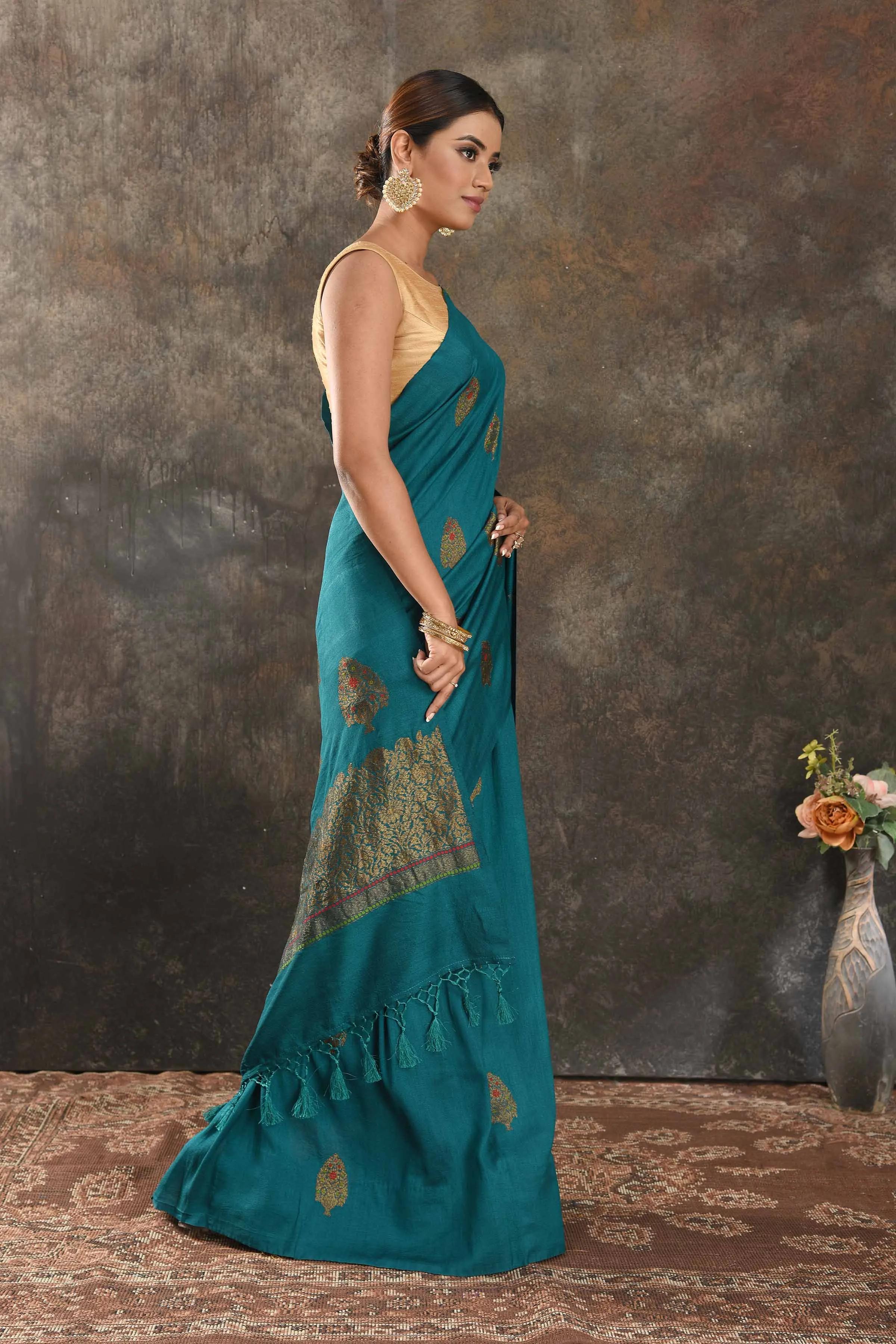 90N393-RO Teal Muga Banarasi Saree with Antique Zari Tree Buta