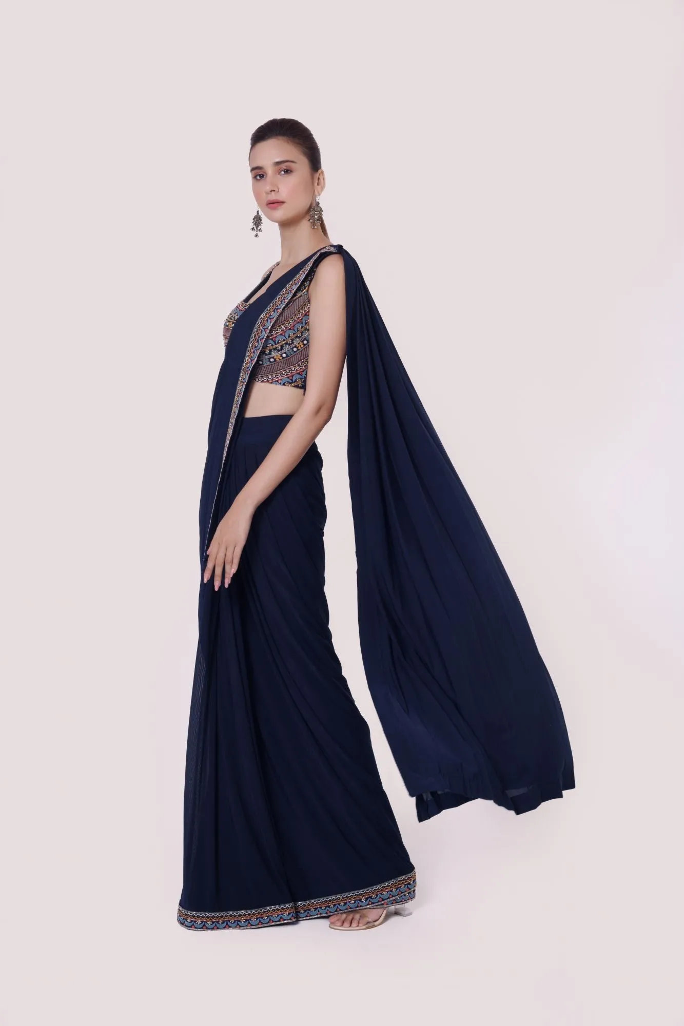 90Z906-RO Navy Blue Stylish Pre Stiched Saree Set