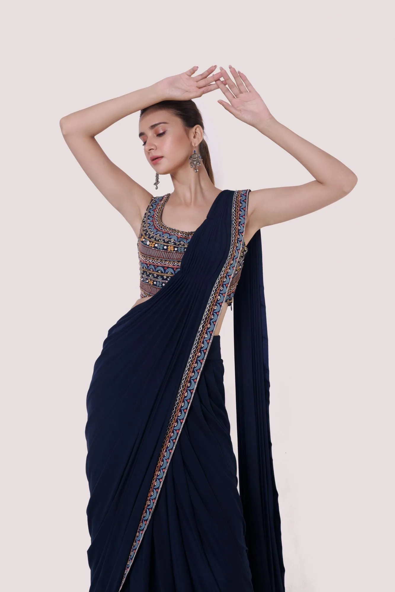 90Z906-RO Navy Blue Stylish Pre Stiched Saree Set