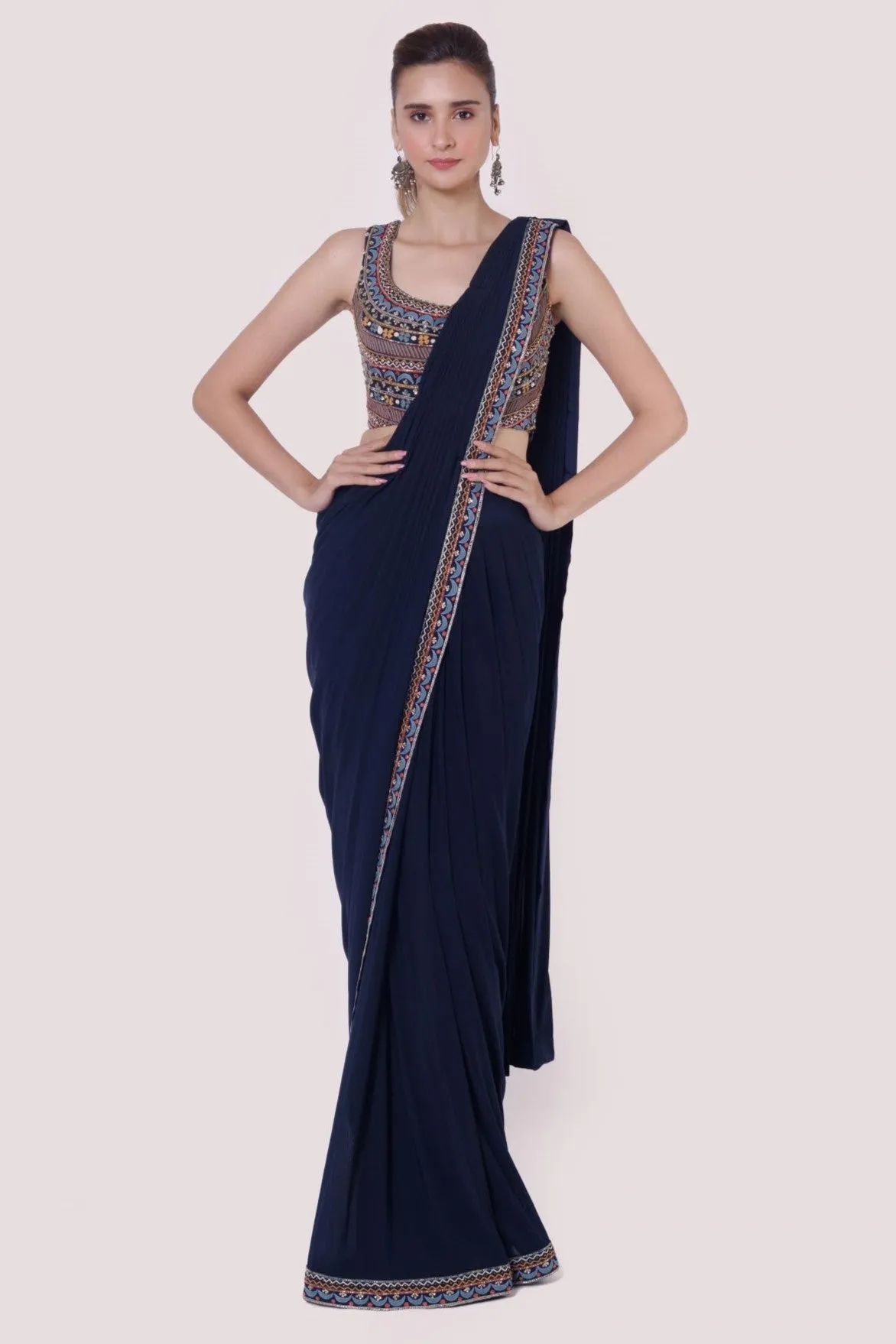 90Z906-RO Navy Blue Stylish Pre Stiched Saree Set