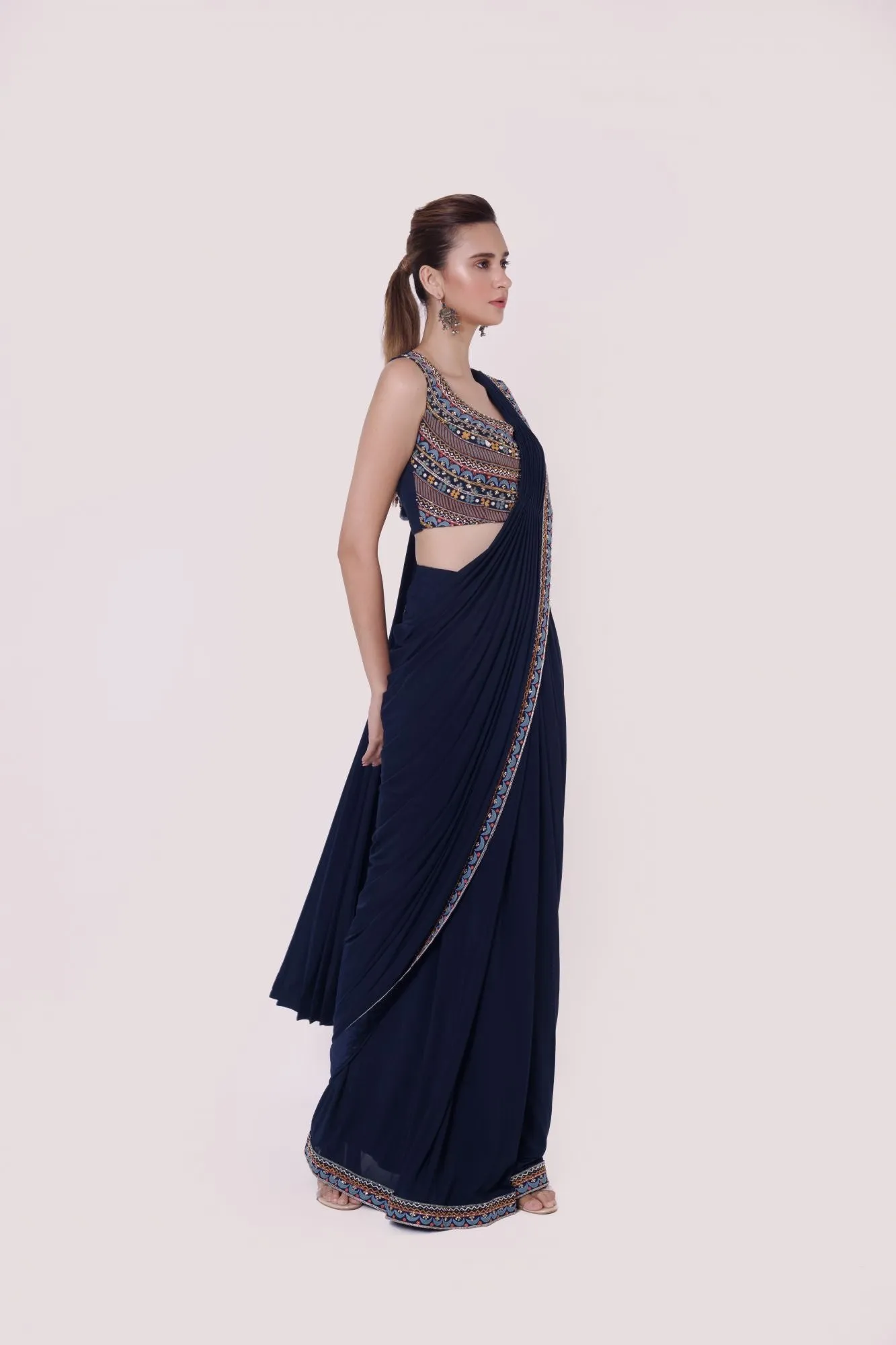 90Z906-RO Navy Blue Stylish Pre Stiched Saree Set