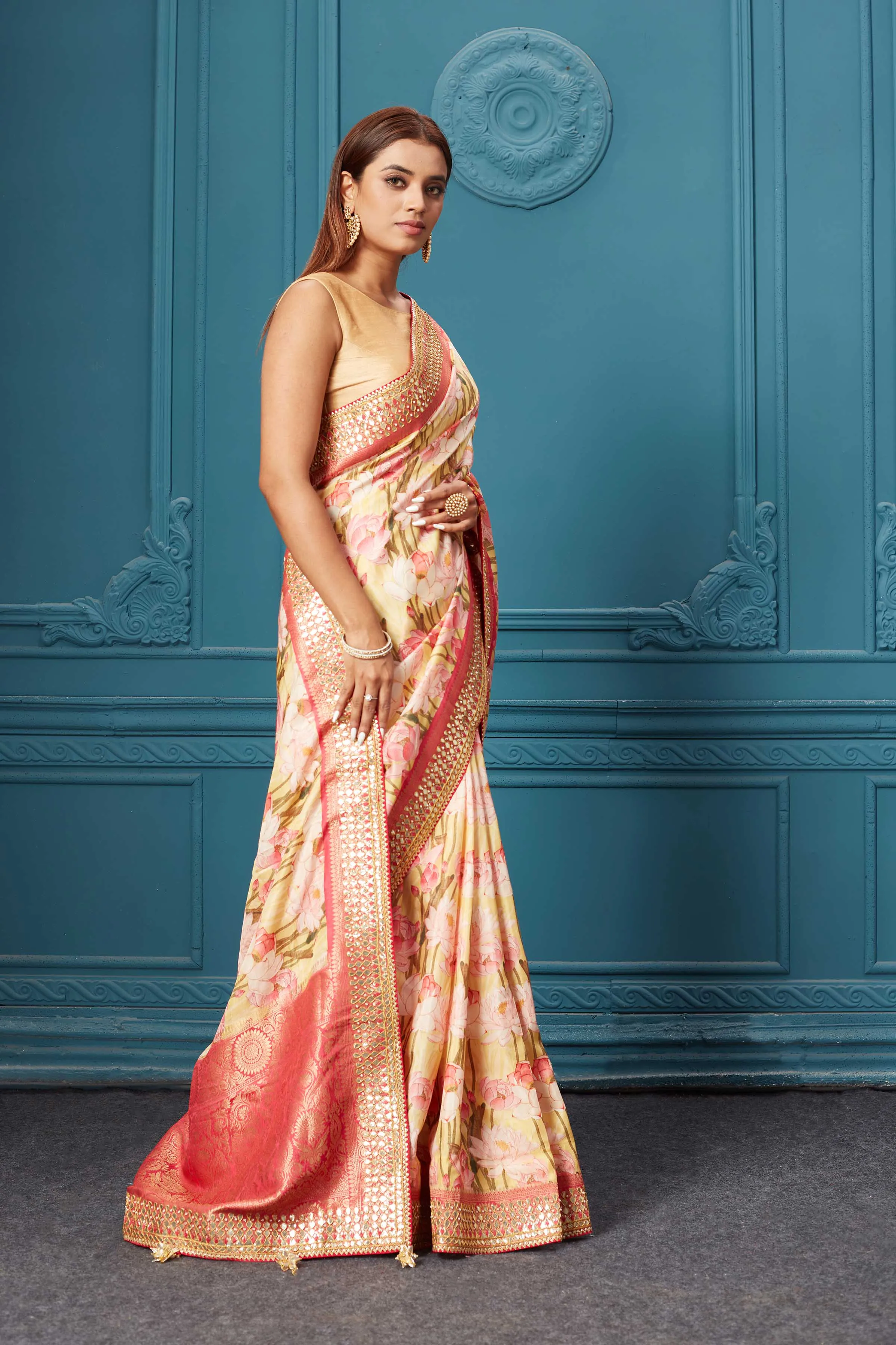 91A016 Yellow Floral Print Crepe Silk Sari with Embroidered Border