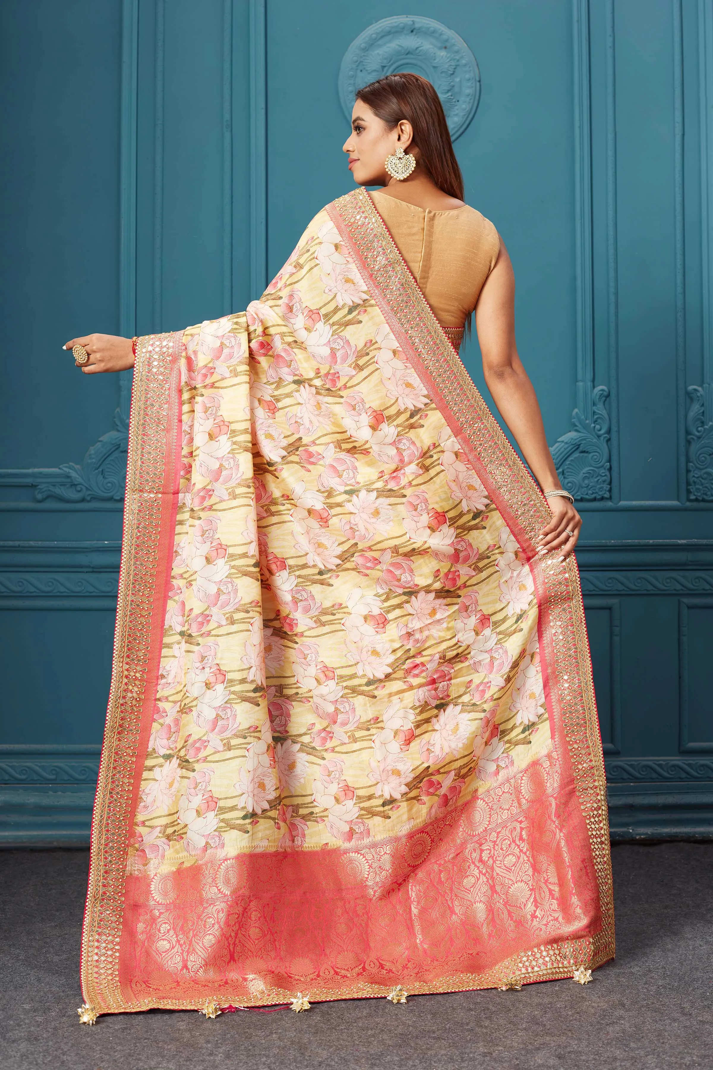 91A016 Yellow Floral Print Crepe Silk Sari with Embroidered Border