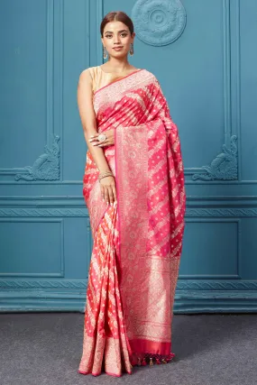 91A120 Pink Katan Silk Banarasi Saree with Silver Zari Border