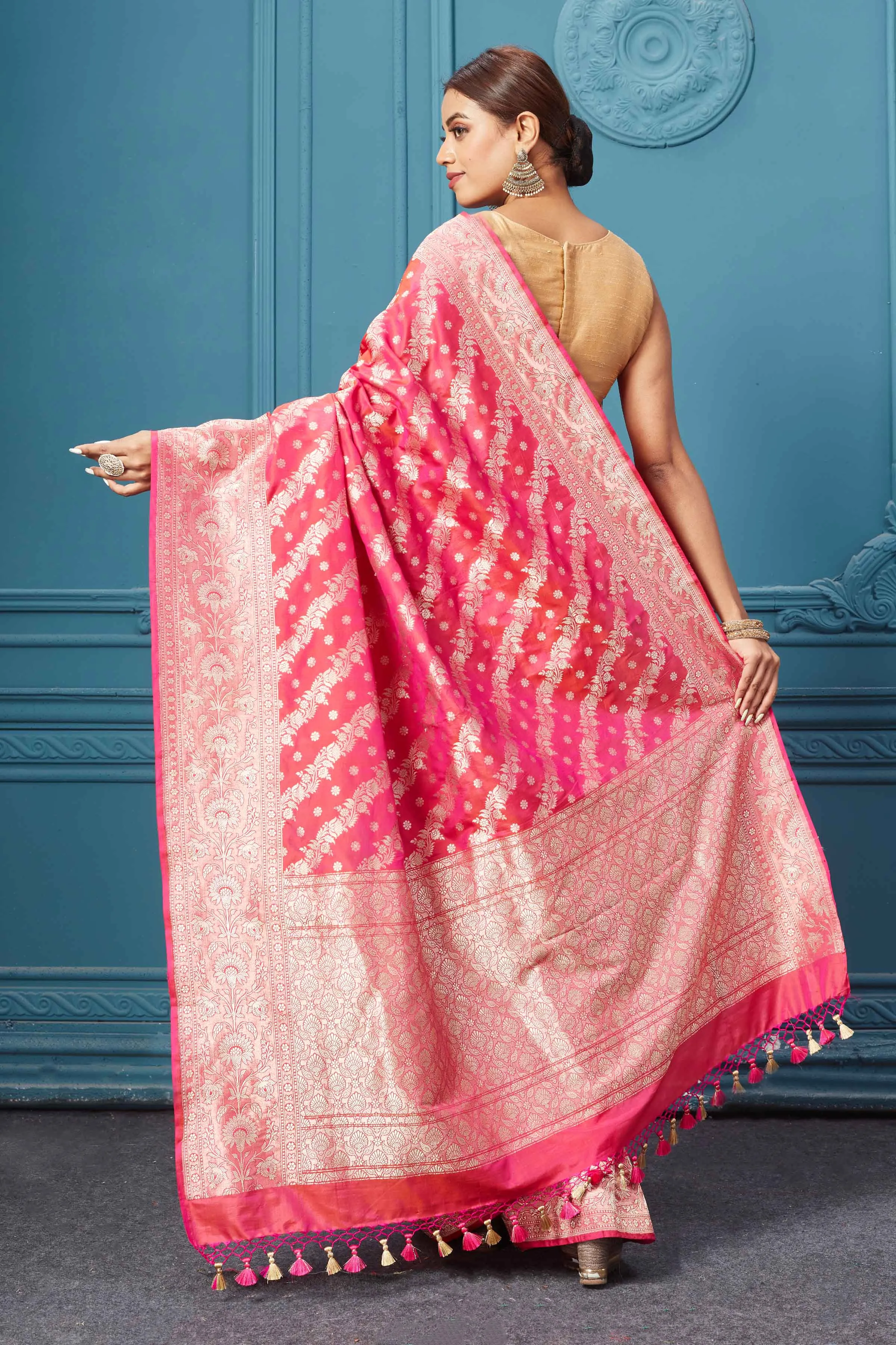 91A120 Pink Katan Silk Banarasi Saree with Silver Zari Border