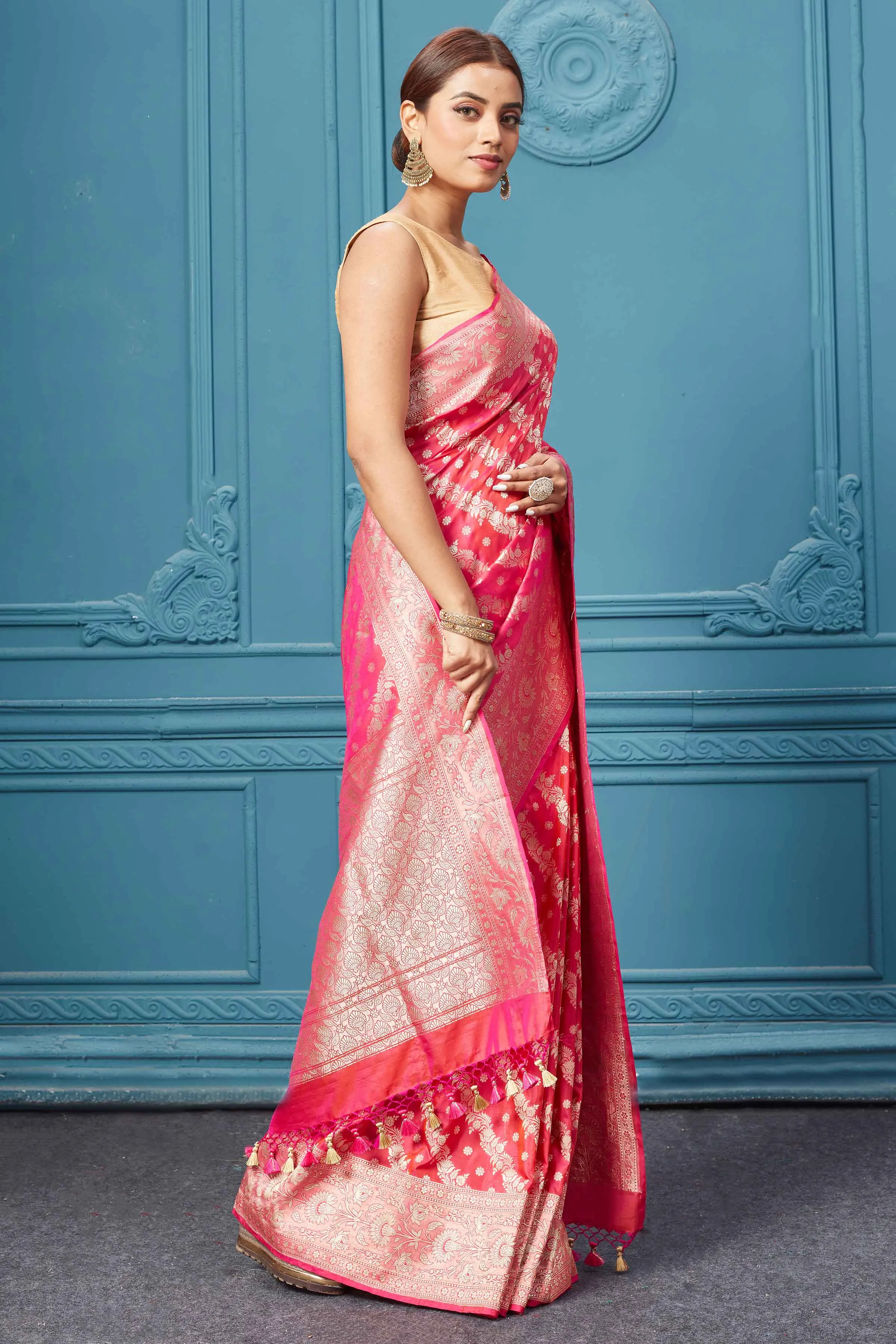 91A120 Pink Katan Silk Banarasi Saree with Silver Zari Border