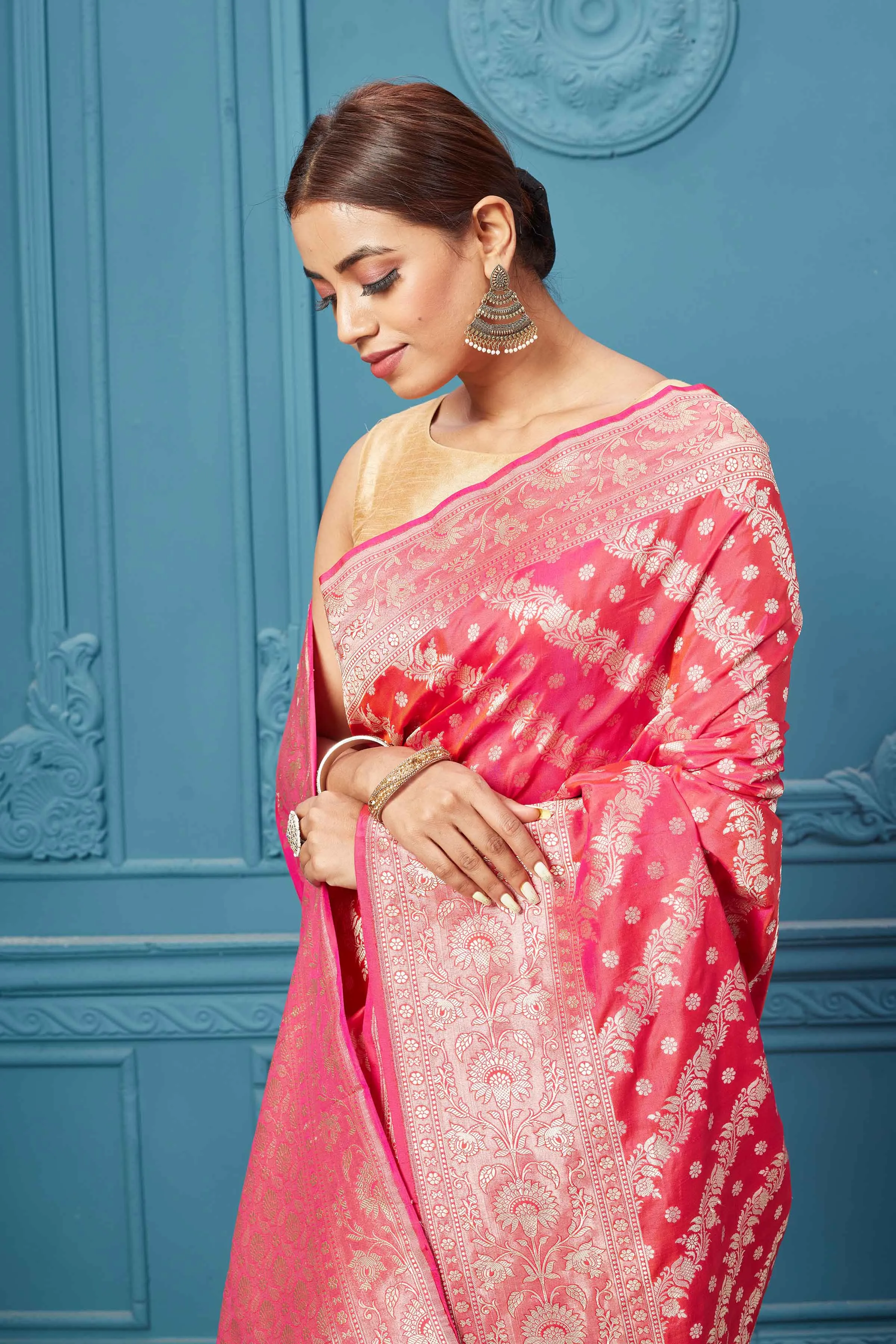 91A120 Pink Katan Silk Banarasi Saree with Silver Zari Border