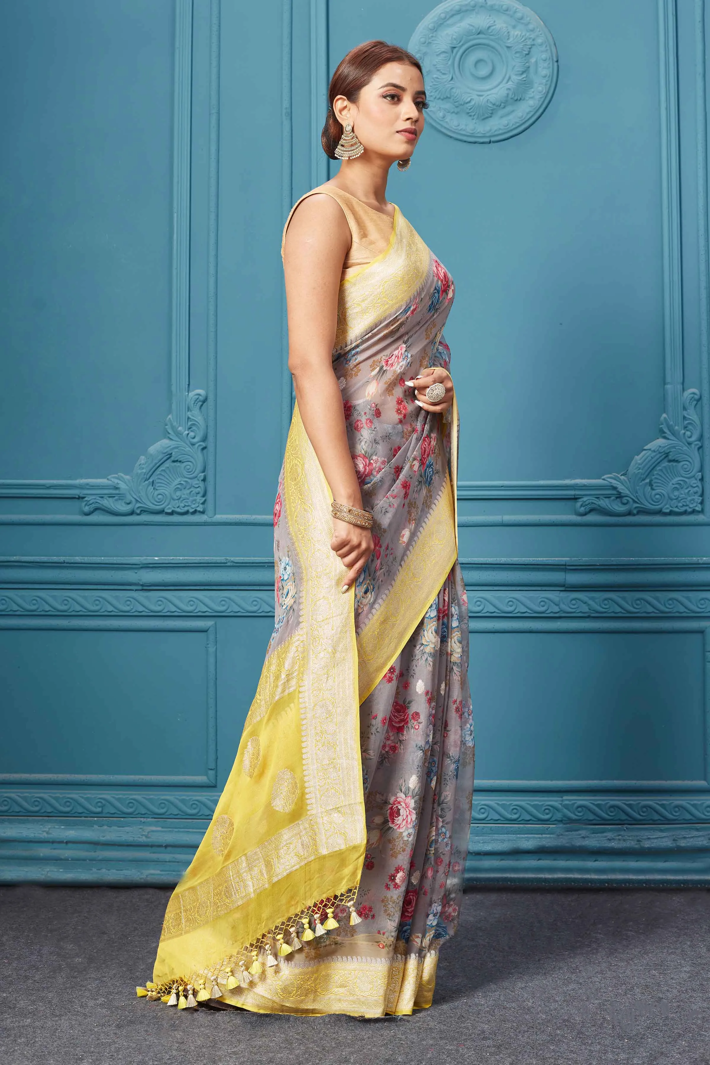 91A128 Grey Floral Print Chiffon Banarasi Saree with Yellow Border