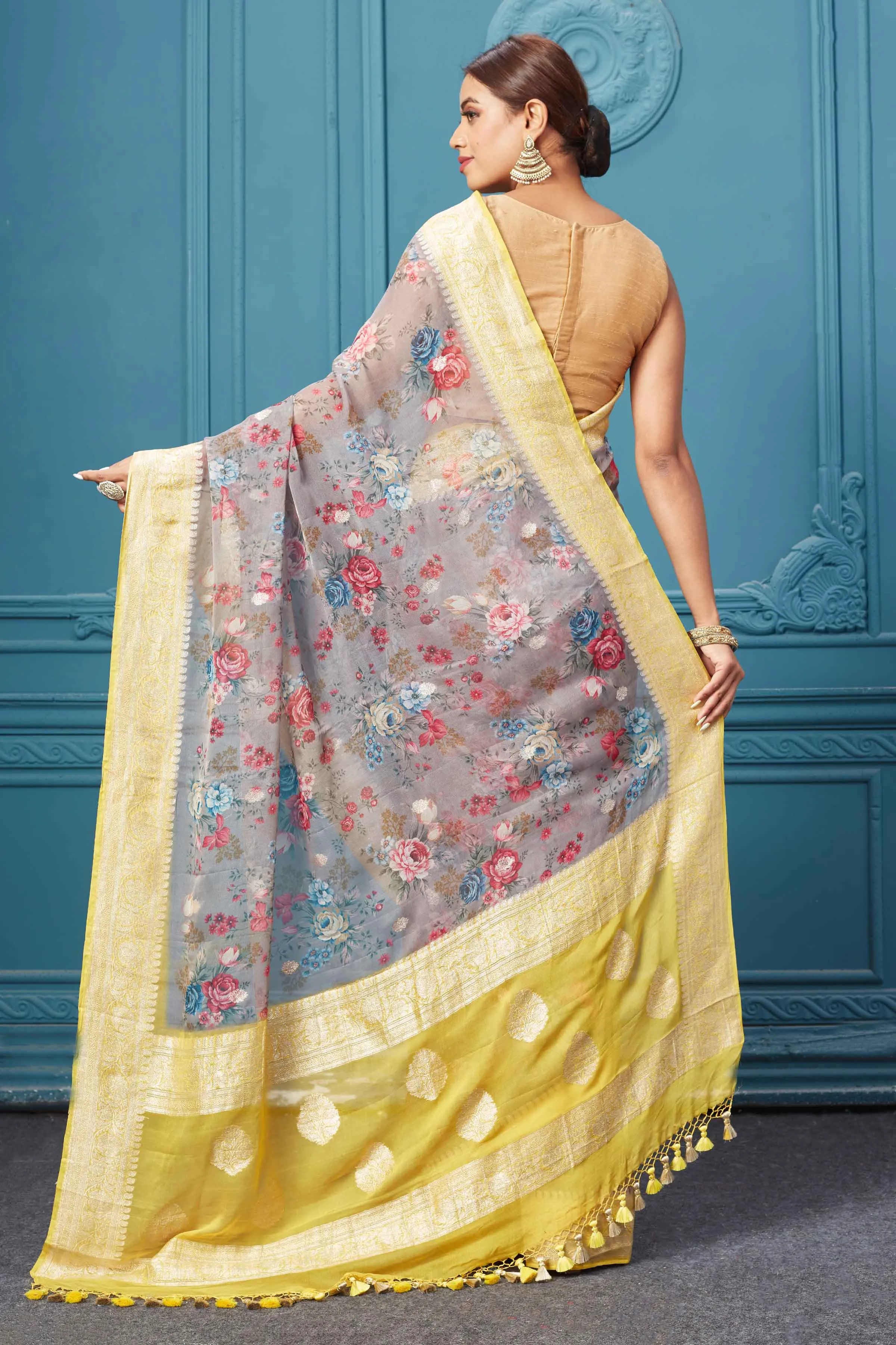 91A128 Grey Floral Print Chiffon Banarasi Saree with Yellow Border