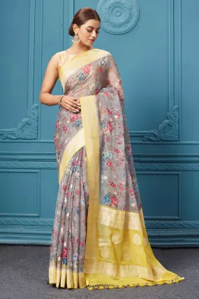 91A128 Grey Floral Print Chiffon Banarasi Saree with Yellow Border