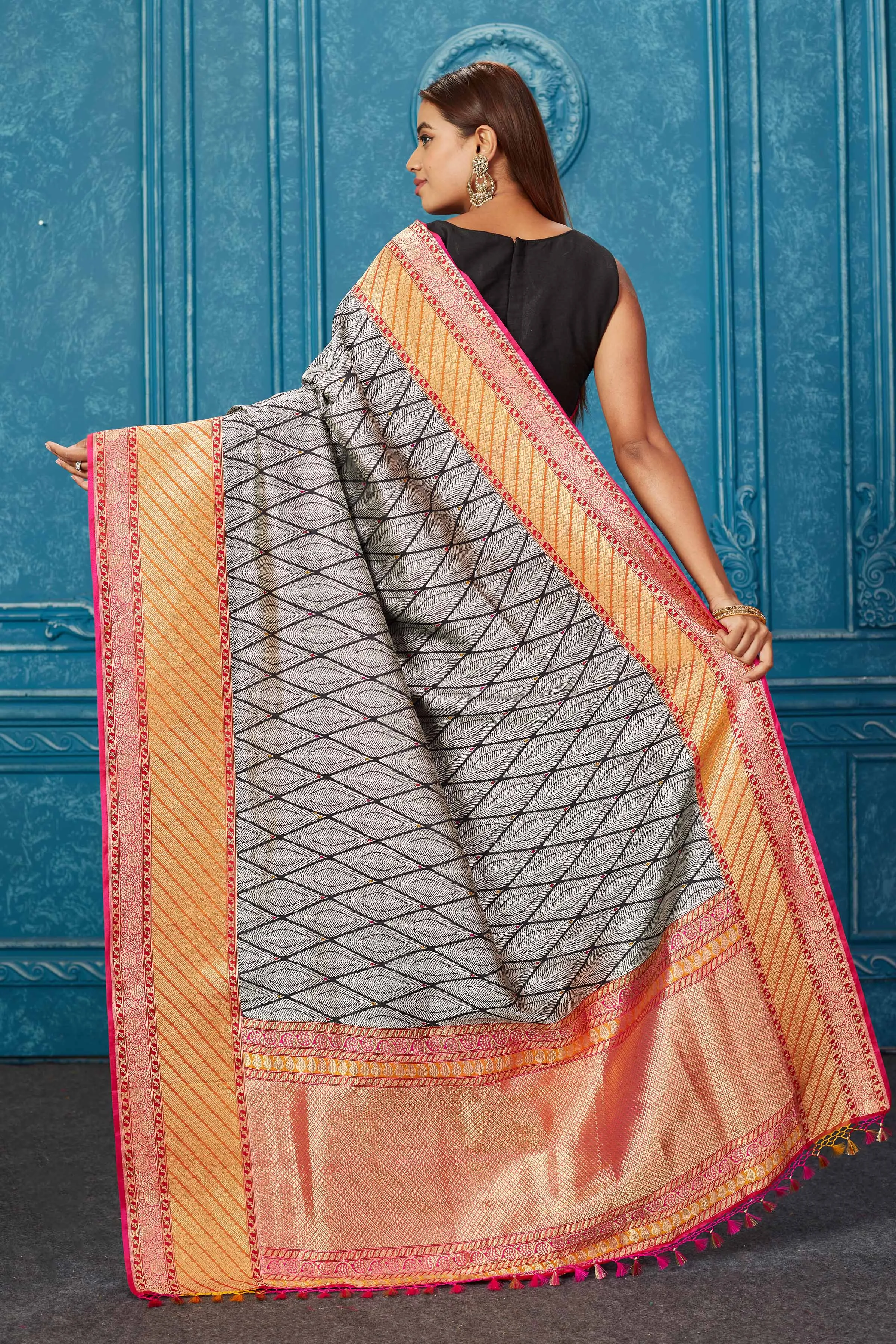 91A229 Black and Silver Zari Banarasi Sari with Pink Orange Border