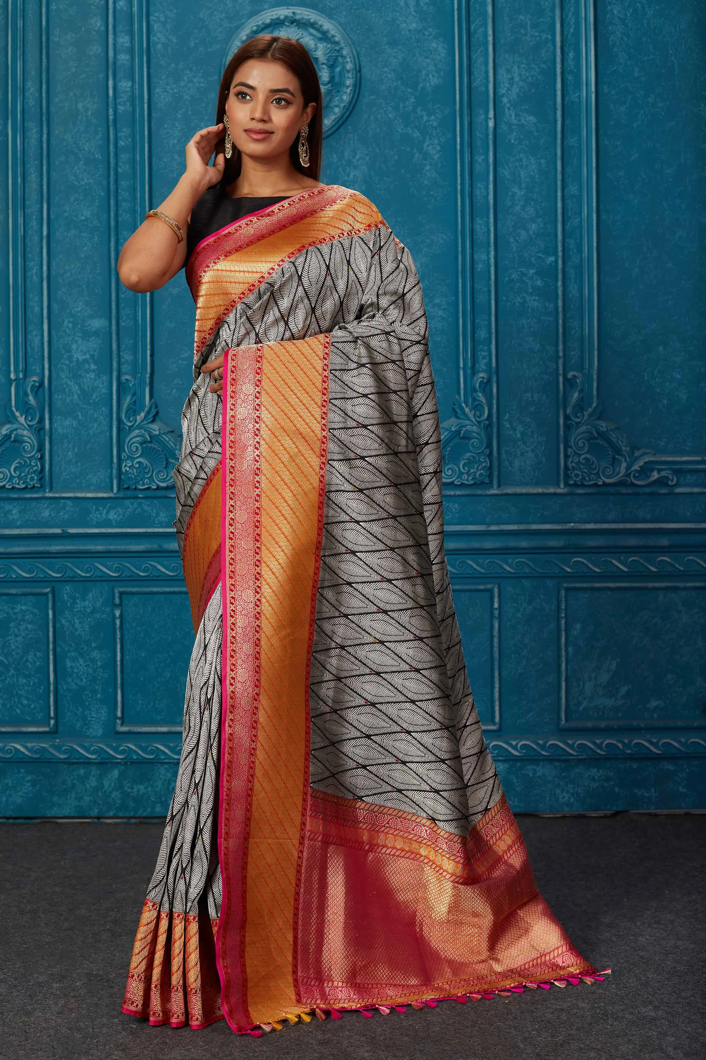 91A229 Black and Silver Zari Banarasi Sari with Pink Orange Border