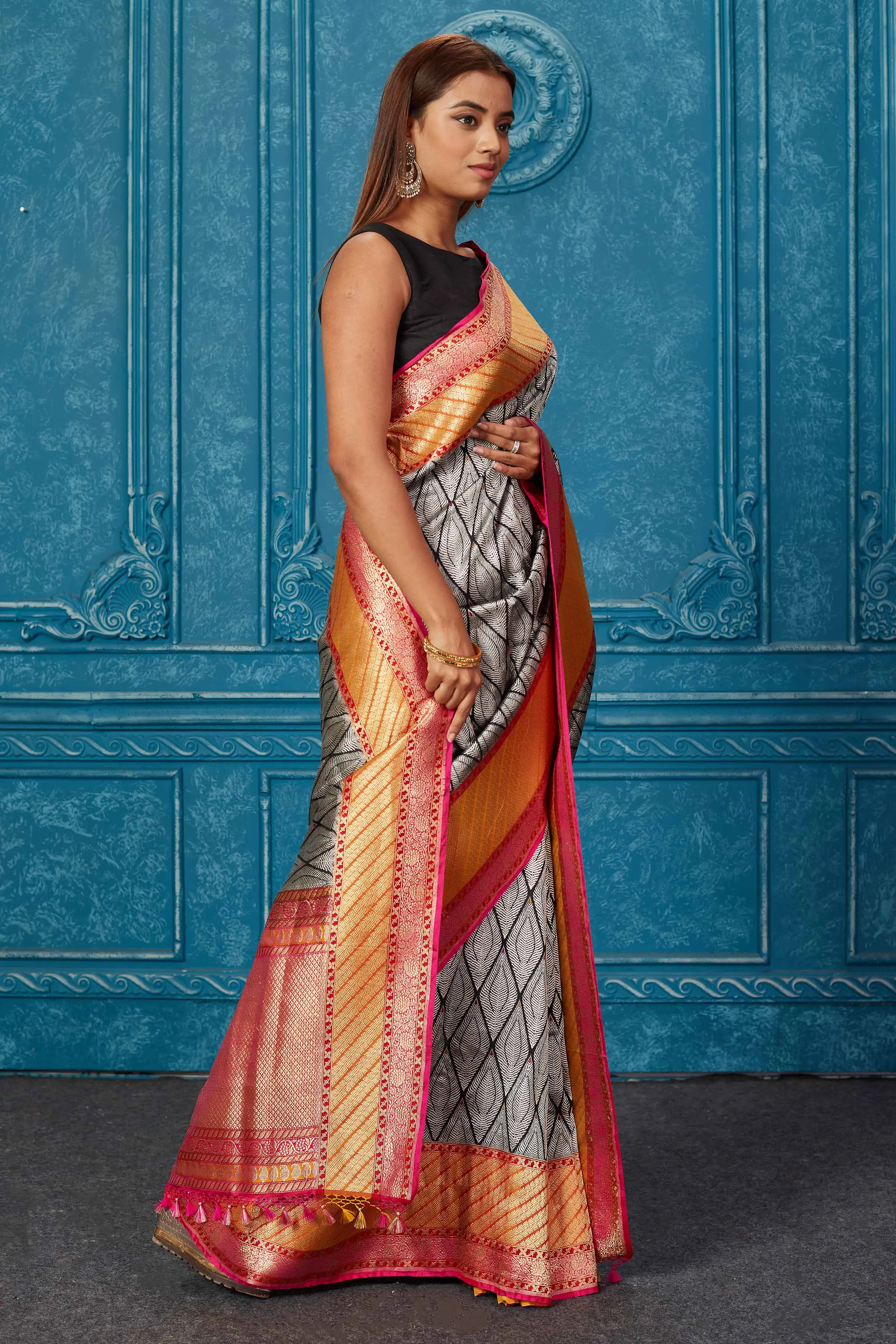 91A229 Black and Silver Zari Banarasi Sari with Pink Orange Border