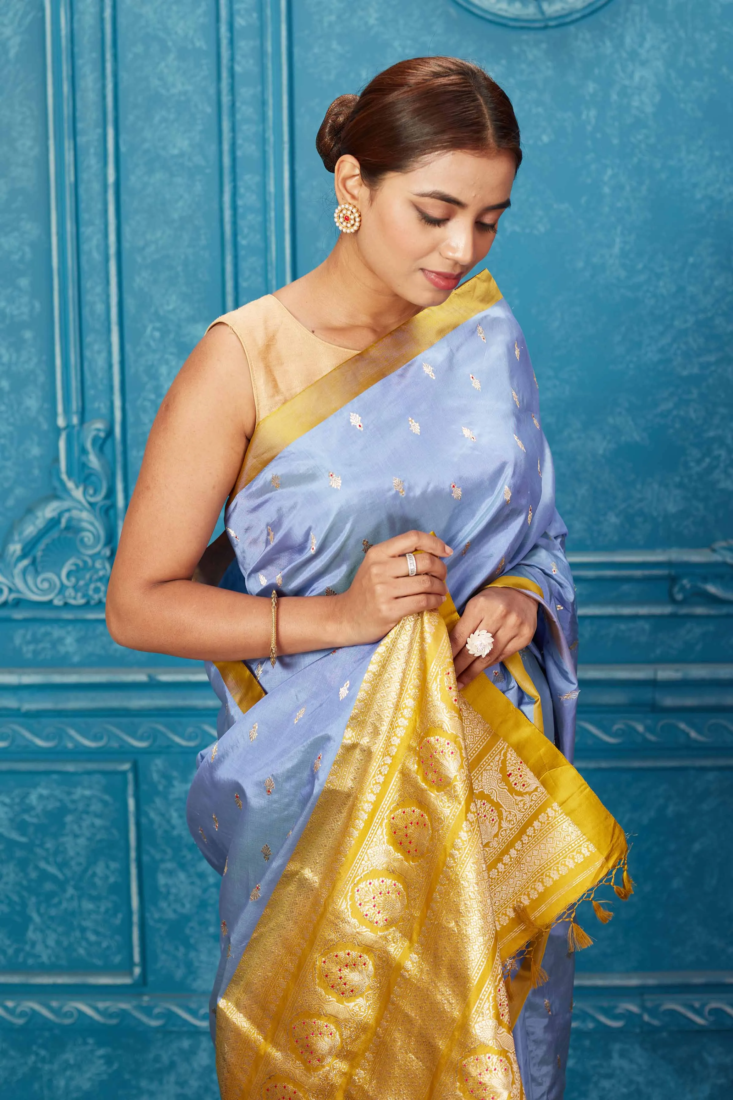 91A260 Light Blue Banarasi Silk Saree with Mustard Zari Pallu