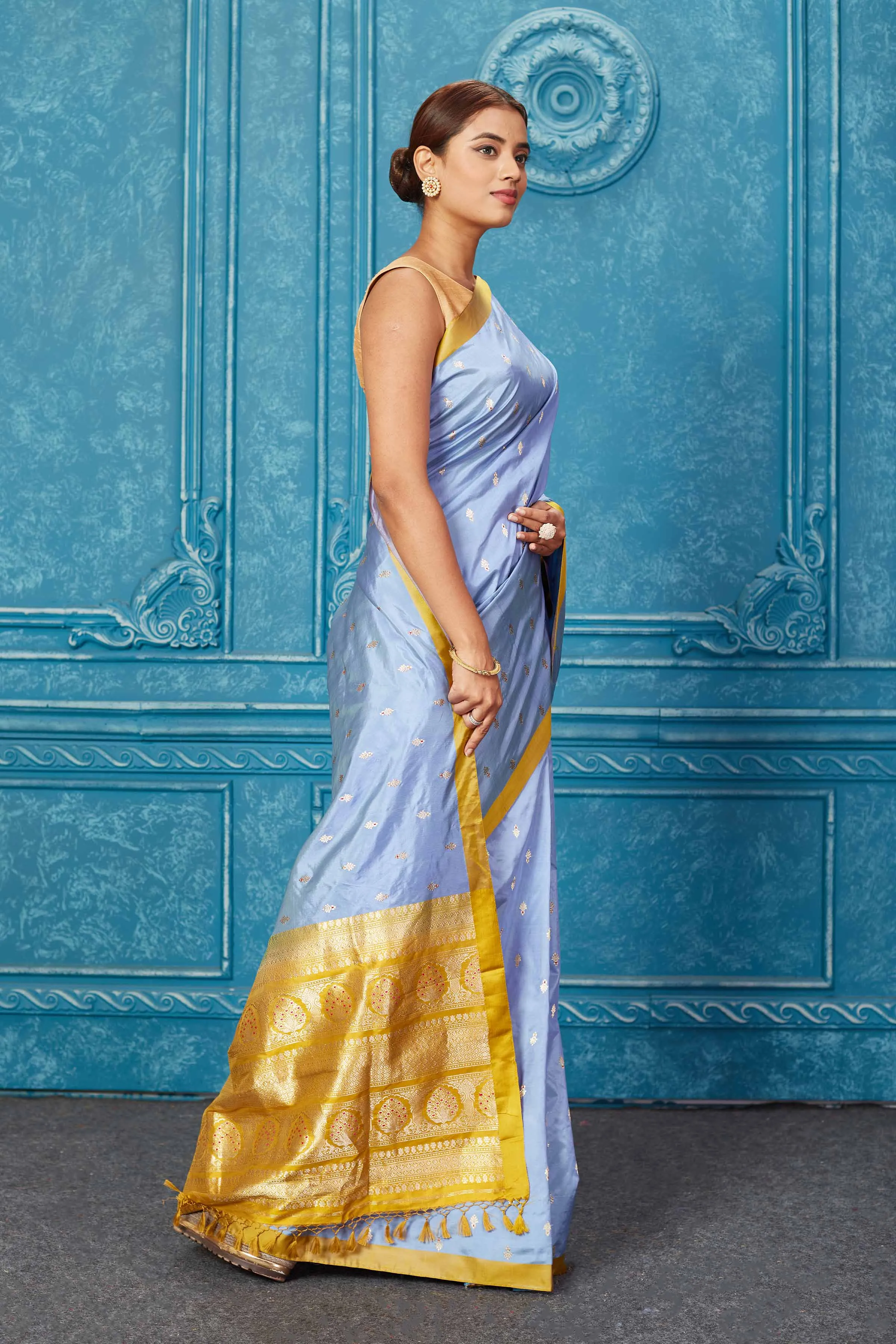 91A260 Light Blue Banarasi Silk Saree with Mustard Zari Pallu