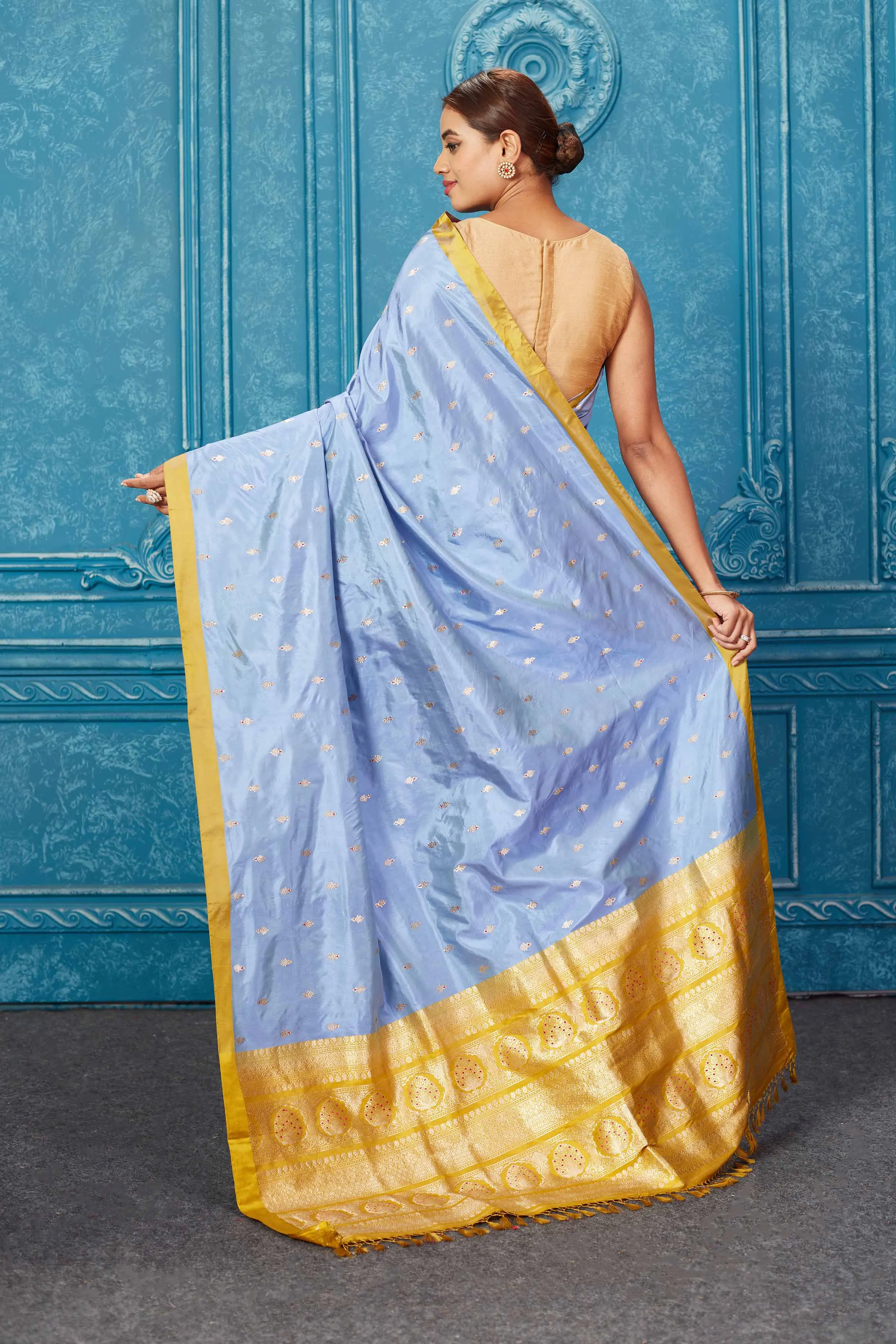 91A260 Light Blue Banarasi Silk Saree with Mustard Zari Pallu