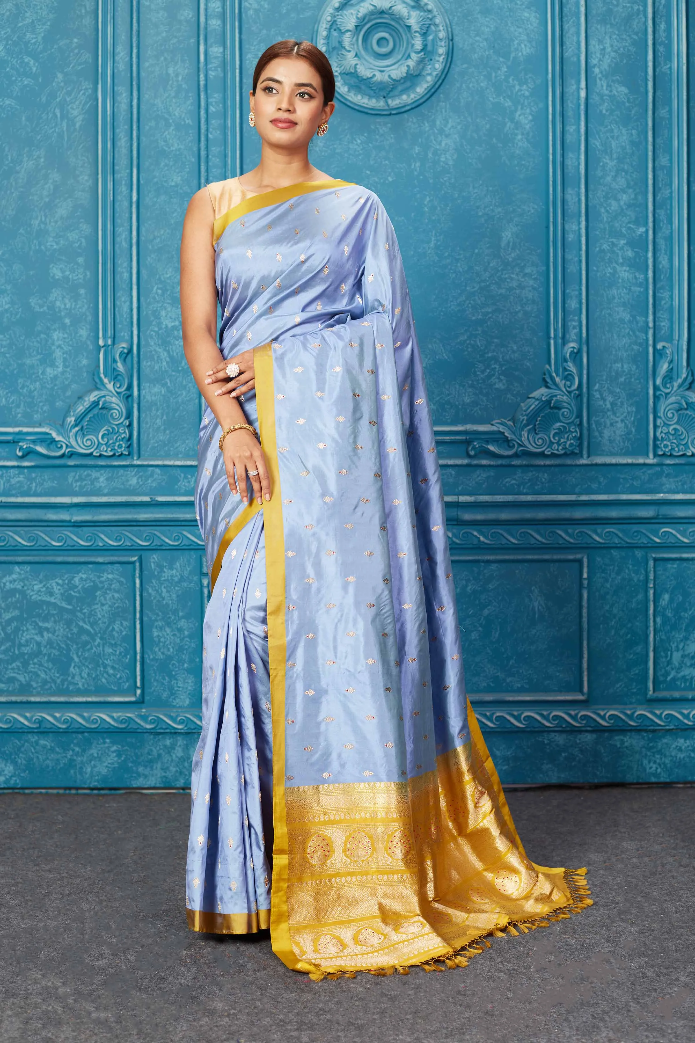 91A260 Light Blue Banarasi Silk Saree with Mustard Zari Pallu