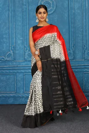 91A422 Off-White and Grey Pochampalli Ikkat Saree With Red Black Border