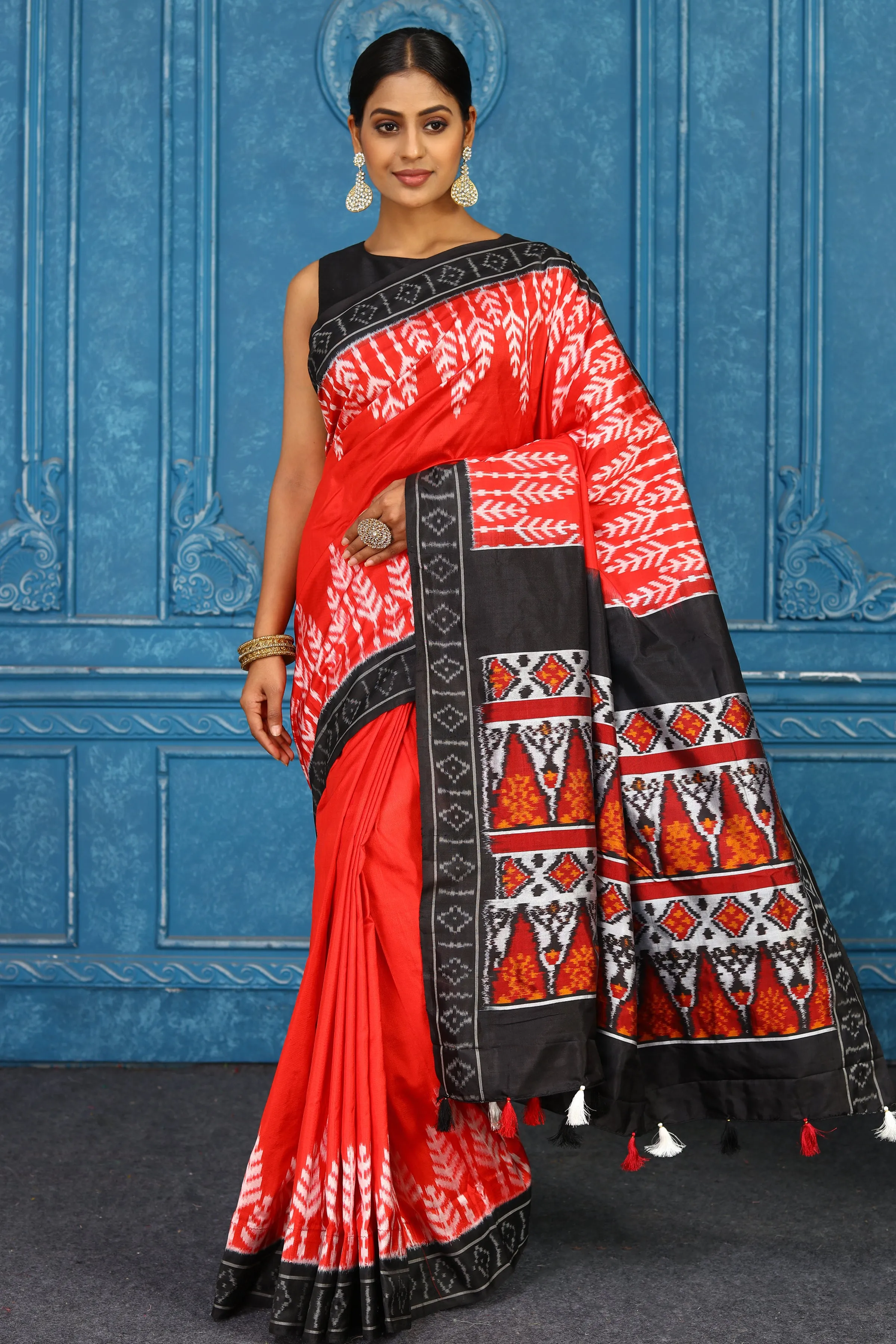 91A433 Red Pochampalli Ikkat Silk Saree with Black Border