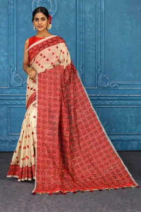 91A453 Cream Phulkari Embroidery Saree