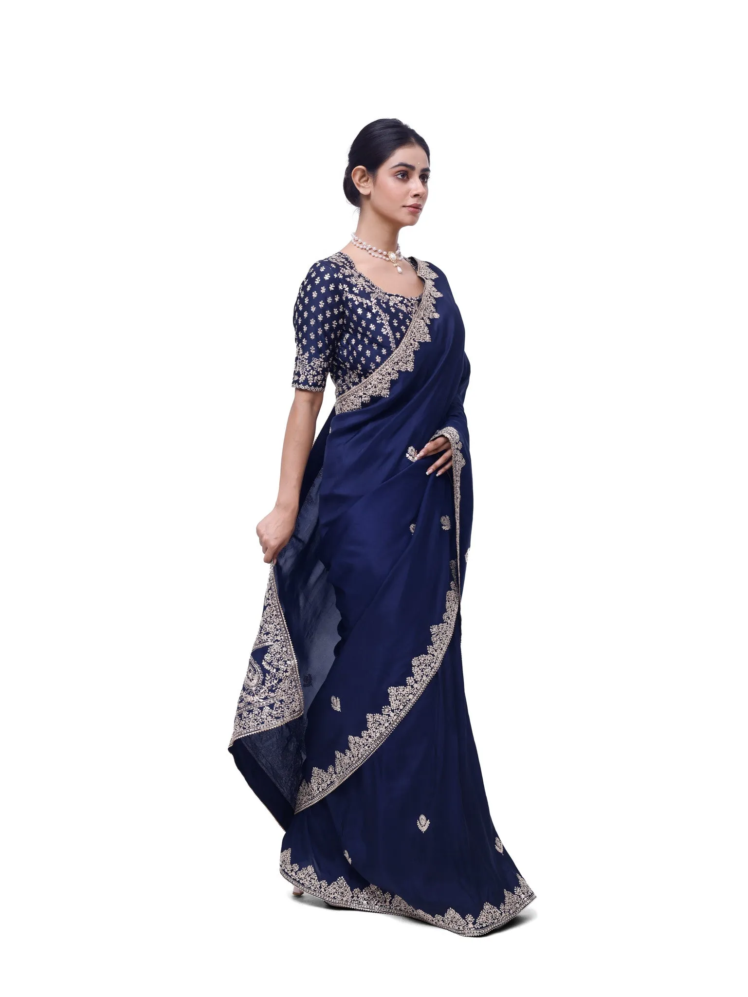 92A140 Navy Blue Embroidered Zari Silk Saree With Blouse