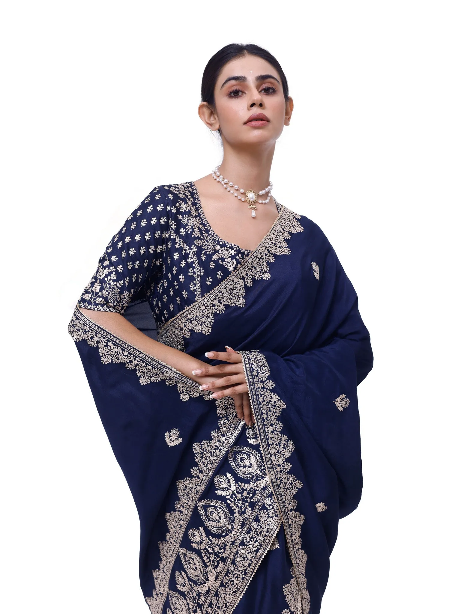 92A140 Navy Blue Embroidered Zari Silk Saree With Blouse