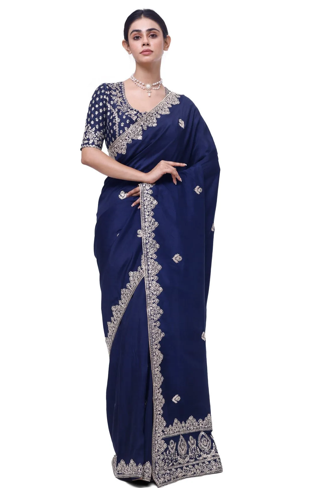 92A140 Navy Blue Embroidered Zari Silk Saree With Blouse